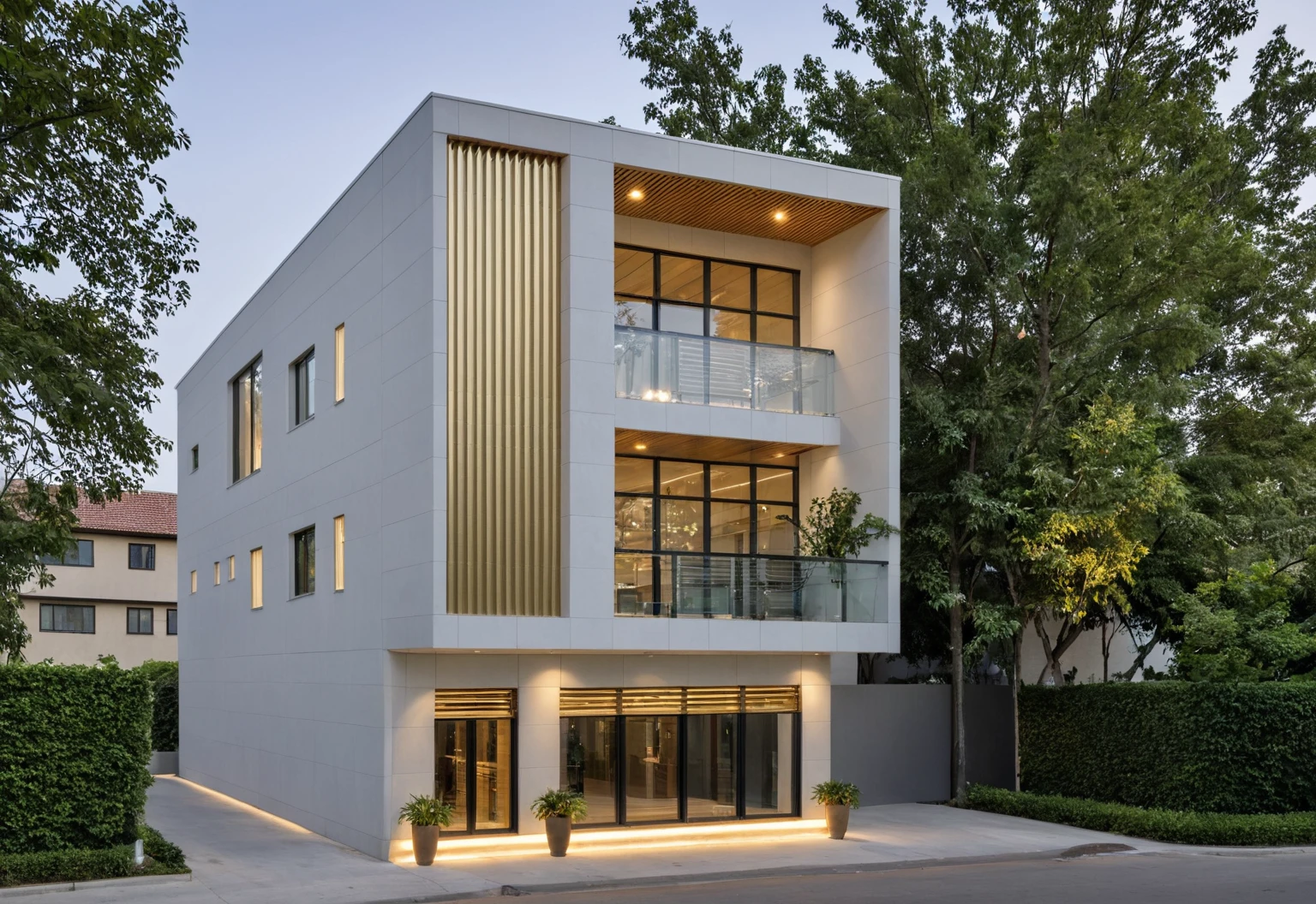 Raw photo,Masterpiece, high quality, best quality, authentic, super detail, modern style, aiaigroup, office building, decorative bars, decorative louvers, sun louvers, aluminum wall cladding, (Gold aluminum paneled facade:1.2), glass railing, outdoors, tree, building, scenery, city, road, real world location, treet, window, balcony, glass railing, on the street, minimalist line, daylight, realistic