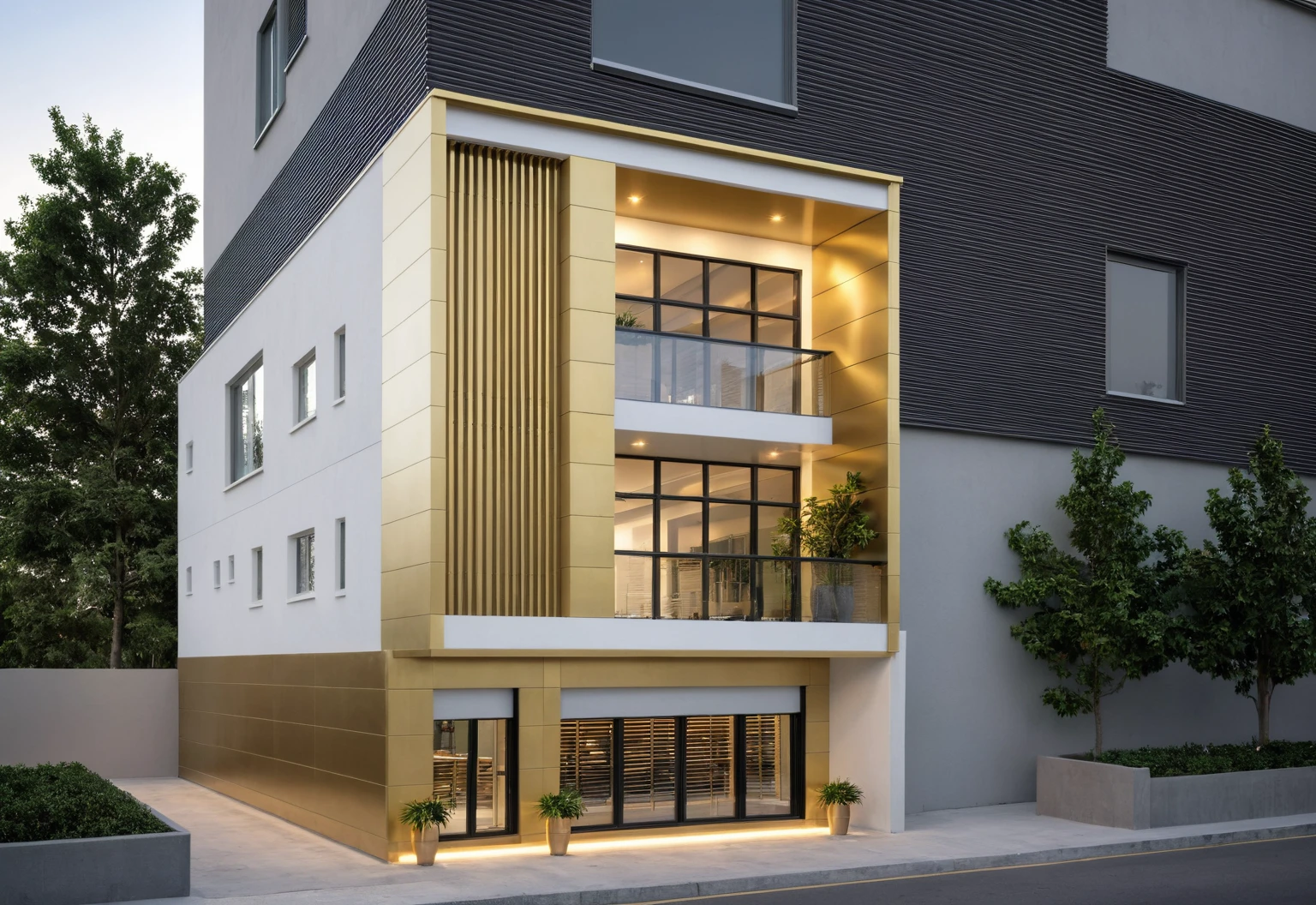 Raw photo,Masterpiece, high quality, best quality, authentic, super detail, modern style, aiaigroup, office building, decorative bars, decorative louvers, sun louvers, aluminum wall cladding, (Gold aluminum paneled facade:1.2), glass railing, outdoors, tree, building, scenery, city, road, real world location, treet, window, balcony, glass railing, on the street, minimalist line, daylight, realistic