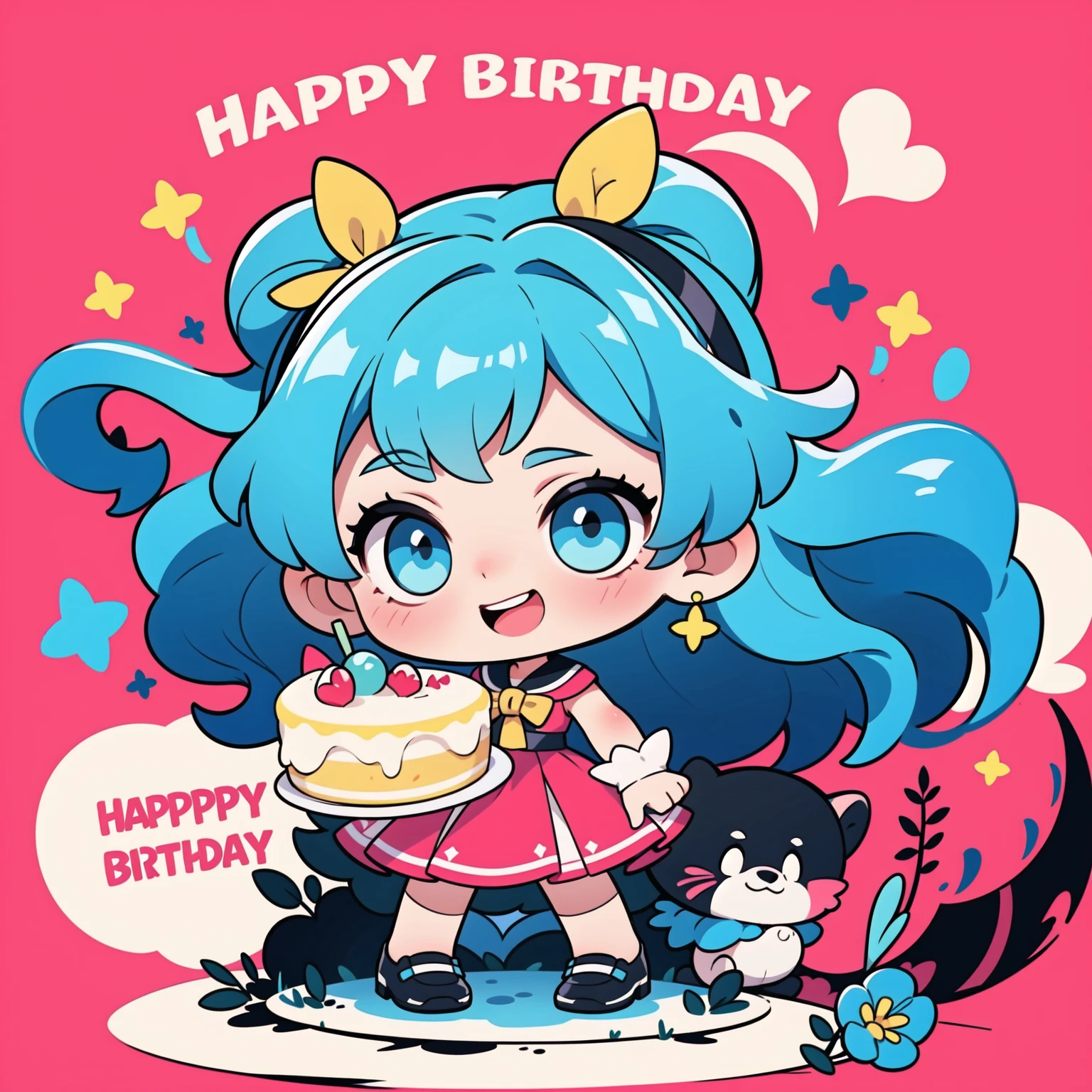 First place girl, best quality, masterpiece, Ultra-high resolution, 8K, (skirt,Small leather shoes) , soft line art, Digital enhancement, Girl comic style, Girls comics core,,  soft drawing, ((Beautiful long blue hair,Clear eyes)), (Bangs)), ((dress)),(cute),(Laughing happily)(Birthday cake in hand),(Ribbon background),Ultra-detailed digital animation art, The face is clearly depicted,  Clear facial features, Comic style, Top quality colors, You can see the angle of the feet, Pretty and beautiful: 1.5, high quality:1.3