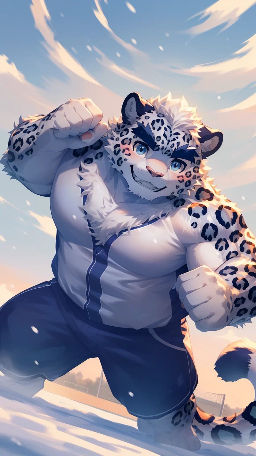 (Vision:1.5), solitary, anthropology, hairy, hairy male, snow leopard, ((Fluffy fur, Fluffy, hairy body)), (snow leopard print), (Thick eyebrows), youth, muscular, White and big skin, Blue-gray pupils, Detailed teeth, defaced face, fundos, athlete, Small bump, Softball Field上, He is playing baseball, sideways, Shy expression, A faint smile, blush, (Dynamic poses:1.5), Clear facial features, Strong, majestic, solitary, panoramic, Fog atmosphere, early morning, Tyndall light effect, Softball Field, (By Empty Ghost, From snow leopard20, masterpiece, high quality, high resolution,8K)