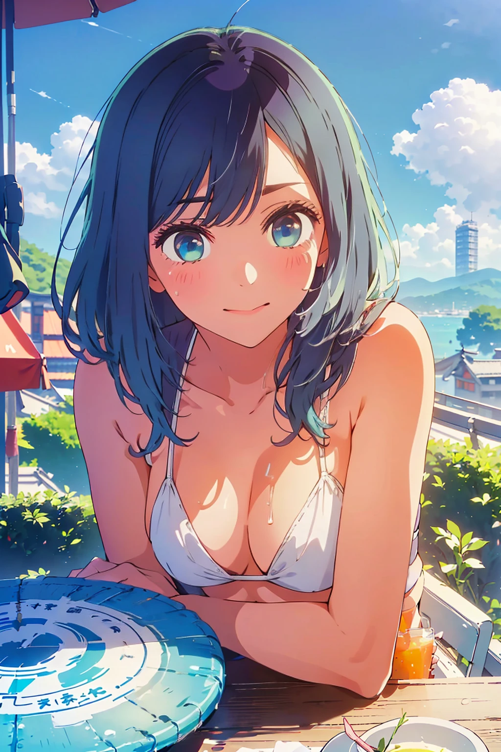 (Highest quality:1.4、8k:1.4、detailed)、F cup bust、Big Breasts、Slim body、Very white beautiful skin、((((1 person、smile、smile、sit、Chair、In the background are the urban buildings of Tokyo、looking at the camera、Outdoor café terrace、coastal、Navy hair color、juice、White side string high leg bikini、Shooting up close、table、Very cute face))))、(Pose of putting hair behind ears with hands:1.4)、Very blue sky、A completely cloudless sky