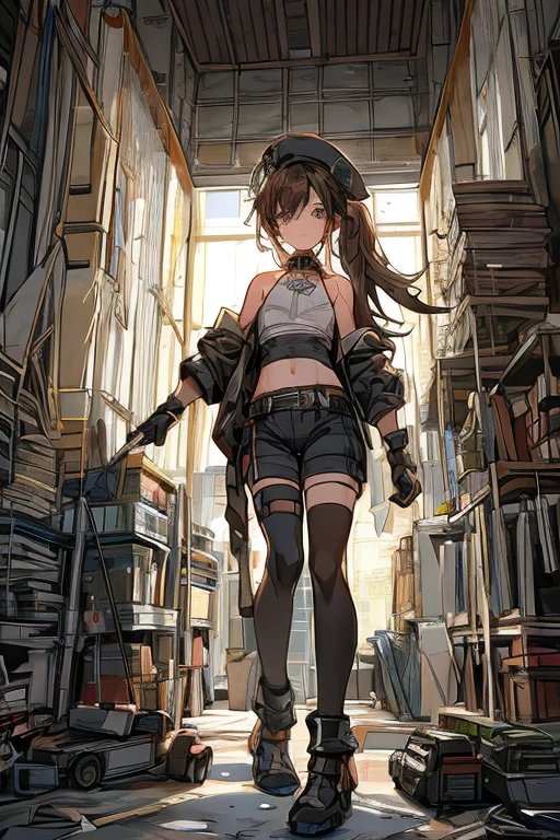(small breasts:1.2), (perky chest:1.2), (pointed chest:1.2), dark bronde hair,long hair,side ponytail,hair between eyes,bangs, BREAK (beret, black jacket, open clothes, cleavage, midriff, black shorts, black thighhighs, thigh strap, fingerless gloves, single glove:1.2), Photo,sharpness,hyper-realistic textures,spectacular light textures,(((Beautiful woman with left leg restrained and hung by chains))),Appearance,Beautiful girl with accentuated slender abs: 1.1,six-pack abs: 1.1, Bust Botox,Standing on tiptoe, long legs,Long brown hair fluttering in the wind,Brown hair, Long hair, Female Warrior Costume,(No panties,No bra),(tacticul battle fashion,elbow and knee tacticul battle fashion, battle glove: 1.1),((cute batre costume)),The belly comes out and the navel is visible,Thin sheer costume, combat gloves,shredded costumes,cyber long combat boots with golden knee pads,Anatomical,(futuristic sci-fi battle fashion, long boots, gloves: 1.1),(tied perfectly by iron chain), Restraint, Slave, collars, contempt, (Chained), 4 chains hung from heaven, Metallic shackles and fetters, wet crotch clearly visible,((Hands are restrained above the head)), the neck is chained,Chain from left knee to heaven,Chained by silver chains,((the tip is protruding, areolas protruding,The shape of the pubic area is clearly visible:1.2)),Sweating,Wet,Wet crotch,Wet thighs,Junkyard, Realistic, (cute, perfect clothes, skimpy clothes, cute: 1.3) ((wide mirtary hospital with summer sunlight)), peeling ceilings, Rebar between, Realistic material details, Extreme details, Ultra-realistic materials,narrow waist,(with sparkling eyes and a contagious smile:0.9), detailed clothes features, (perky chest:1.1), (pointed chest:1.3),looking at viewer,
