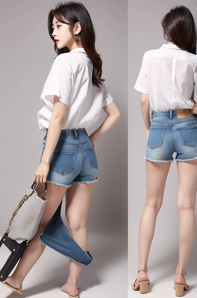 white shirt denim short pants back