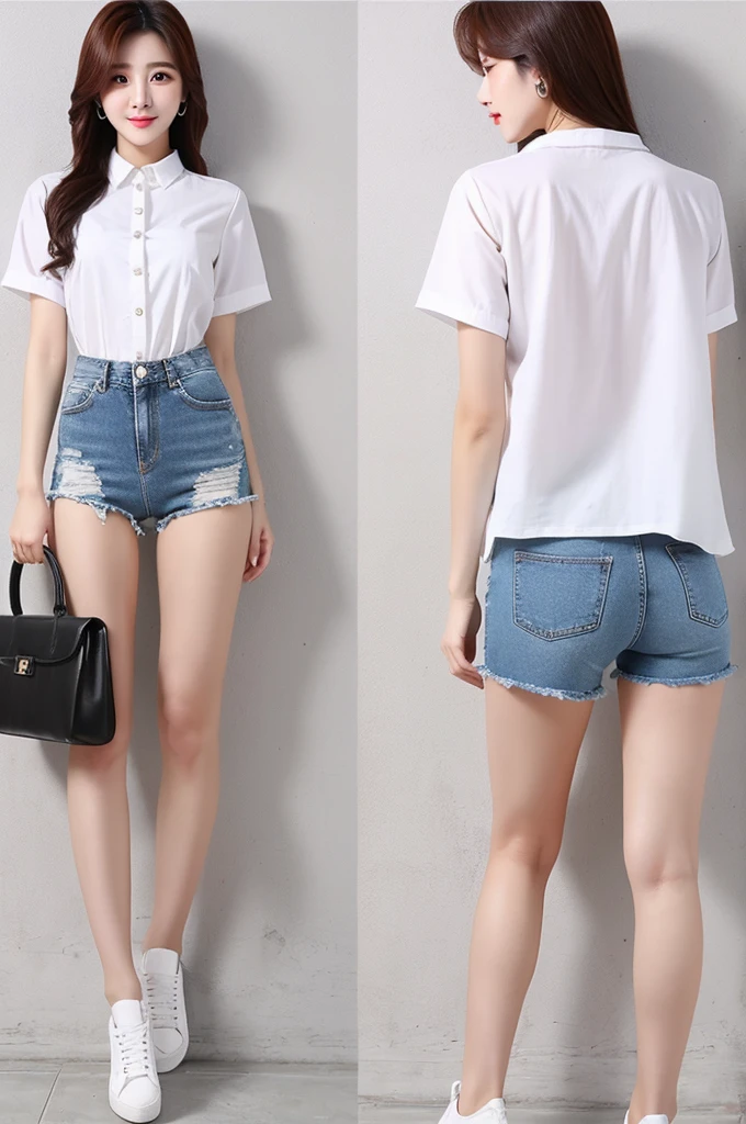 white shirt denim short pants back