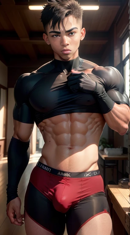 Erotic, SEX, gay, masturbation,barechested, penises, (perspiring : 1.3), (The erection : 1.3), Male , (Shota:1.2) ,japanes, (Baby face :1.3), Cute, Muscular men, Wearing tight clothing, Sporty physique, Tight shirt, well-muscled, super buff and cool, Black skin , Detailed skin, ((Realistic)), tthin eyebrows, abdominals, Good lighting quality, Muscle veins, (masutepiece, ultra-quality, High resolution, 8K, Convoluted:1.2), Bulge,(masutepiece, Best Quality:1.2), Male Focus, Short hair, Spider suit, Eye of balance, (Whole body), fishnet bodysuit, fish net,spider web print, spider-man