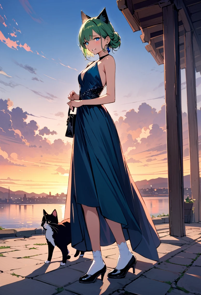 masterpiece, Highest quality, Illustrations for novels, High resolution, 18+ Adult content, Sensual, Intimate, Emotional, Passionate, romantic, sweet, Adorable, Innocent, Pure, Enchanting, Enchantingな, attractive, mysterious, Enchantingな, Enchanting, Immersive, Enchantingな, dream-like, Surreal, Imaginative, Whimsical, Artistic, Avant-garde, timeless, elegant, Sophisticated, chic, Sophisticated, Individuality, original, Enchantingな,One girl,Deltamon_beta, alone, blue eyes, Knee socks, Animal ears, Bare shoulders, Blue Tail, Earrings,Removable sleeves, Green Hair, No sleeve, Cat ear, bag, white Knee socks, Cat's Tail,pink backpack,Pink school bag,Lavender lace: Lavender Peter Pan collar lace dress, Paired with ivory tights and Mary Jane shoes.,Cherry-blossom viewing, azalea, satsuki, azalea blizzard,
rest ((Avoidance method ((kitten)), Crying face)),((Evening Dress,evening dress,Evening Dresses:1.3))