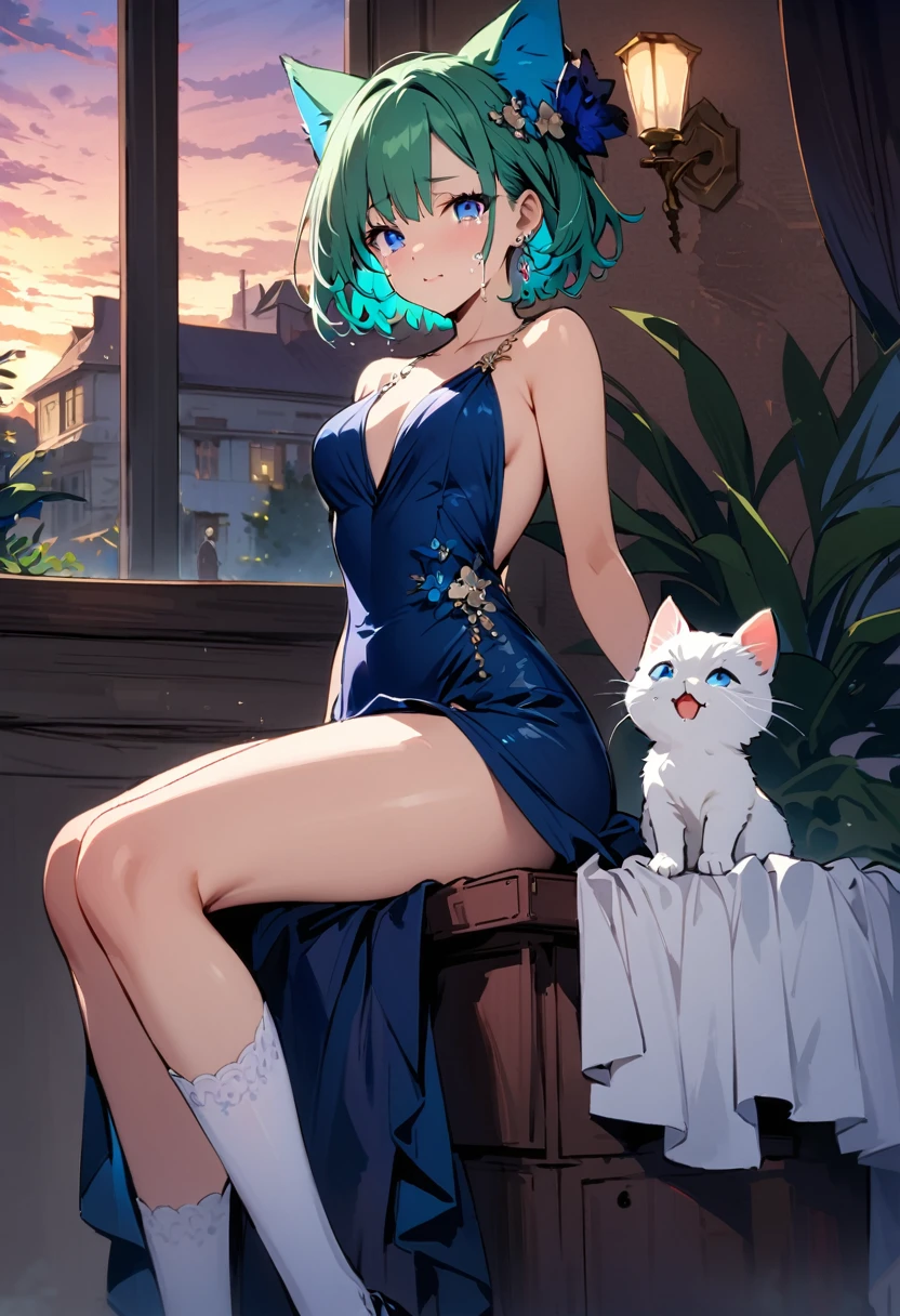 masterpiece, Highest quality, Illustrations for novels, High resolution, ??? Adult content, Sensual, Intimate, Emotional, Passionate, romantic, sweet, Adorable, Innocent, Pure, Enchanting, Enchantingな, attractive, mysterious, Enchantingな, Enchanting, Immersive, Enchantingな, dream-like, Surreal, Imaginative, Whimsical, Artistic, Avant-garde, timeless, elegant, Sophisticated, chic, Sophisticated, Individuality, original, Enchantingな,One girl,Deltamon_beta, alone, blue eyes, Knee socks, Animal ears, Bare shoulders, Blue Tail, Earrings,Removable sleeves, Green Hair, No sleeve, Cat ear, bag, white Knee socks, Cat's Tail,pink backpack,Pink school bag,Lavender lace: Lavender Peter Pan collar lace dress, Paired with ivory tights and Mary Jane shoes.,Cherry-blossom viewing, azalea, satsuki, azalea blizzard,
rest ((Avoidance method ((kitten)), Crying face)),((Evening Dress,evening dress,Evening Dresses:1.3))