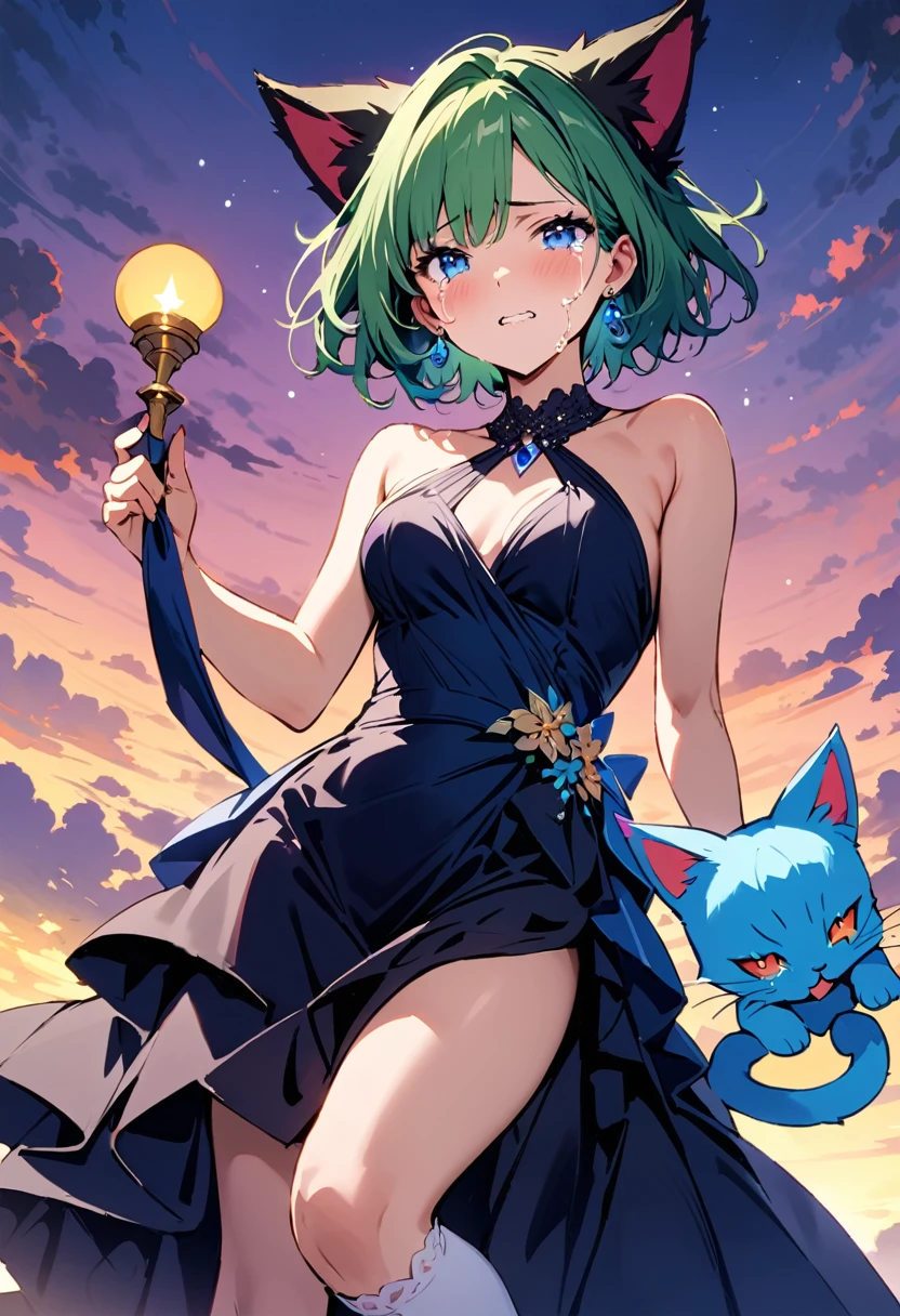 masterpiece, Highest quality, Illustrations for novels, High resolution, 18+ Adult content, Sensual, Intimate, Emotional, Passionate, romantic, sweet, Adorable, Innocent, Pure, Enchanting, Enchantingな, attractive, mysterious, Enchantingな, Enchanting, Immersive, Enchantingな, dream-like, Surreal, Imaginative, Whimsical, Artistic, Avant-garde, timeless, elegant, Sophisticated, chic, Sophisticated, Individuality, original, Enchantingな,One girl,Deltamon_beta, alone, blue eyes, Knee socks, Animal ears, Bare shoulders, Blue Tail, Earrings,Removable sleeves, Green Hair, No sleeve, Cat ear, bag, white Knee socks, Cat's Tail,pink backpack,Pink school bag,Lavender lace: Lavender Peter Pan collar lace dress, Paired with ivory tights and Mary Jane shoes.,Cherry-blossom viewing, azalea, satsuki, azalea blizzard,
rest ((Avoidance method ((kitten)), Crying face)),((Evening Dress,evening dress,Evening Dresses:1.3))