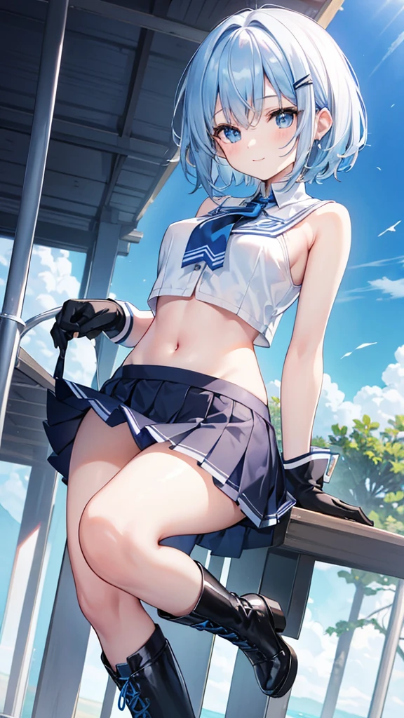 beautiful, masterpiece, Highest quality, anime, One girl, C Cup,Portrait Shot, View your viewers, Covered、Short Hair、nearby、Blue Eyes、art、、White hair,Blue streaked hair、wallpaper、hairpin、Cute smile、Thighs、navel、Race Queen、Blue-black_Gloves、Blue-black_Knee-high boots、、Cute、Blue-black_Short skirt、circuit、blue sky、Blue-black_mini skirt、Blue-black_Very short skirt