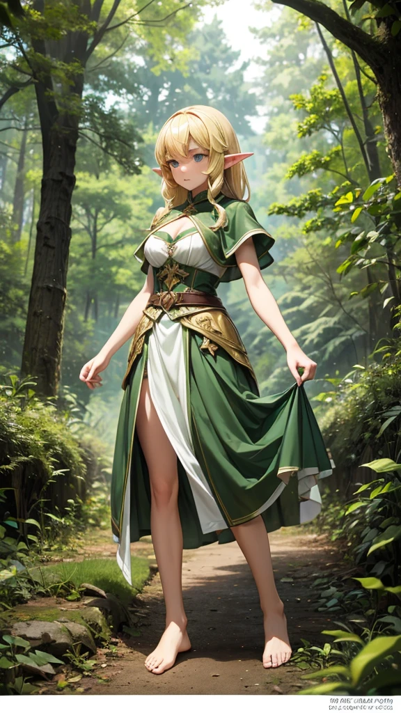 Blonde pointy-eared young elf,green two piece dress,Waist,Long skirt,cleavage,,barefoot,Standing,forest