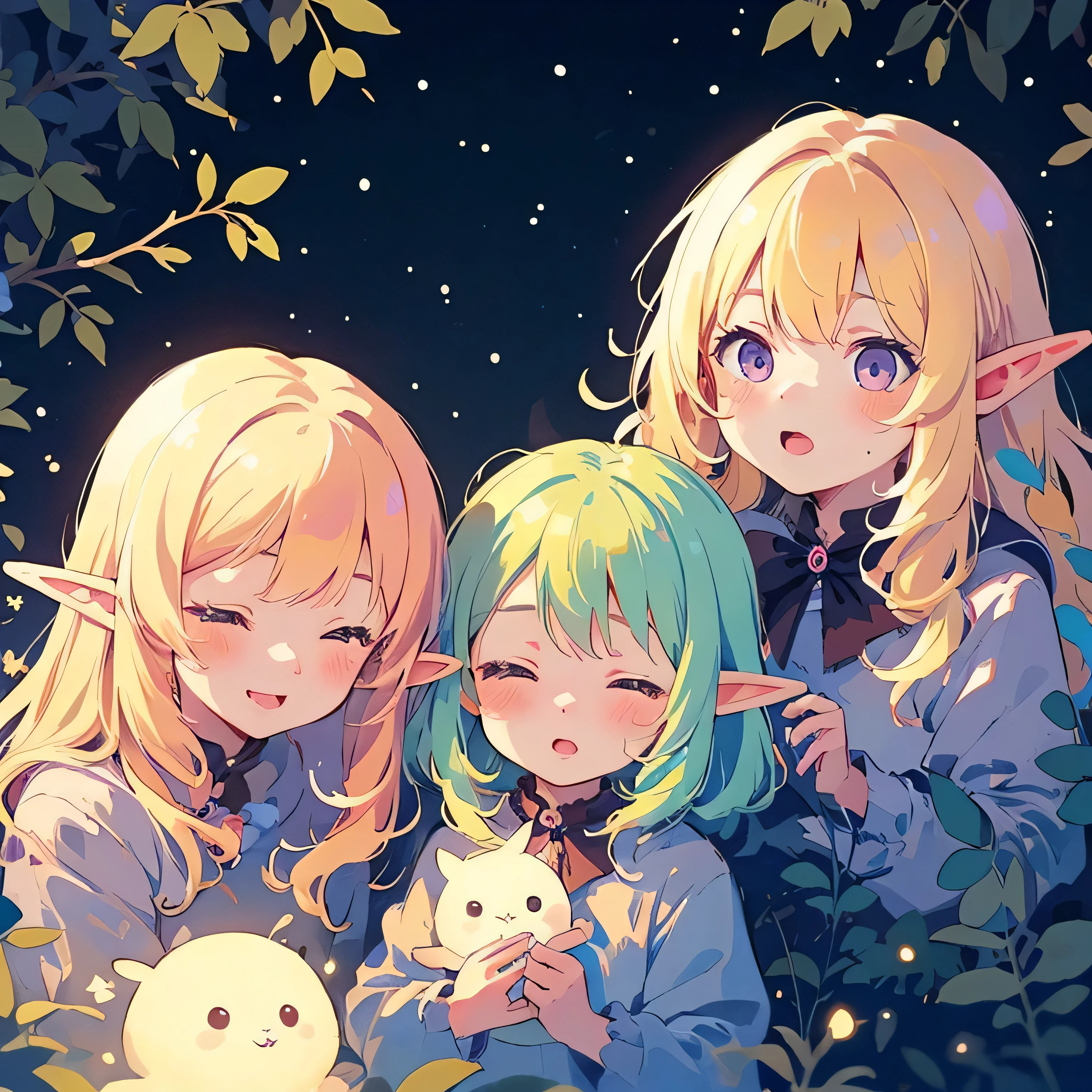 3girls Elf Girls, vivid colorful hair, magic, Fantastic, fantasy, Otherworldly, Unexpected discovery, Extremely detailed facial details, masterpiece, Perfect lighting, (Soft colors)