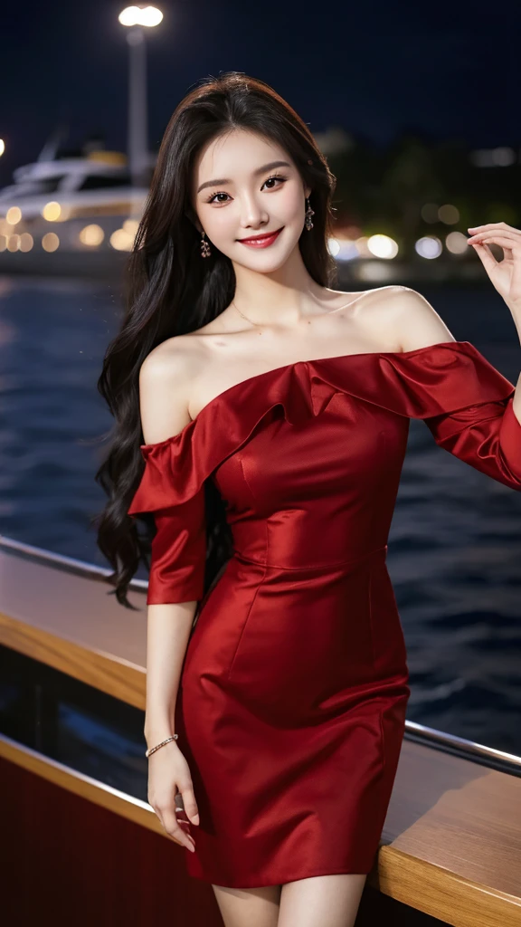 A sweet girl by the yatch，voluminous hair，Delicate face，Photorealsitic，of a real，largeaperture，wears a dark red dress，A cropped dress，Off-the-shoulder，A dress around the neck，Slim，smiles，Ultra-high resolution, Blurred background