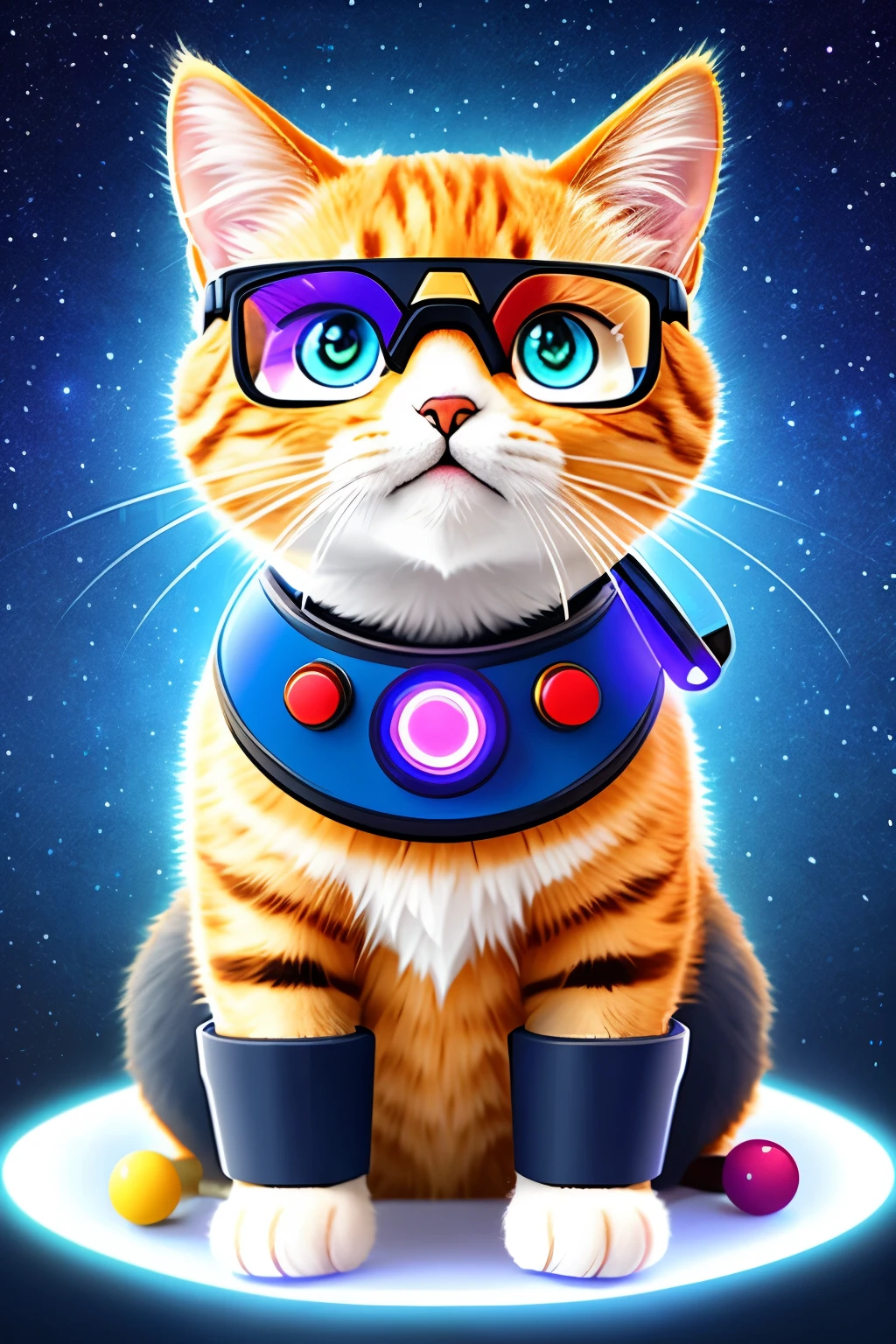 A vibrant, 3D cartoon image of an energetic young cat scientist features a solid color background that pops with detail. The cat character, with neatly combed hair, dons a playful bone-shaped pair of goggles and blue tech-sense clothing, showcasing a blend of cuteness and intelligence. With a warm, friendly expression, the scientific feline holds a high-tech smart pet health scanner, symbolizing its passion for the advancement of technology and animal care. This intricately detailed, captivating creation exudes a sense of innovation and technological sophistication, making it the perfect embodiment of an energetic and intelligent cat scientist.