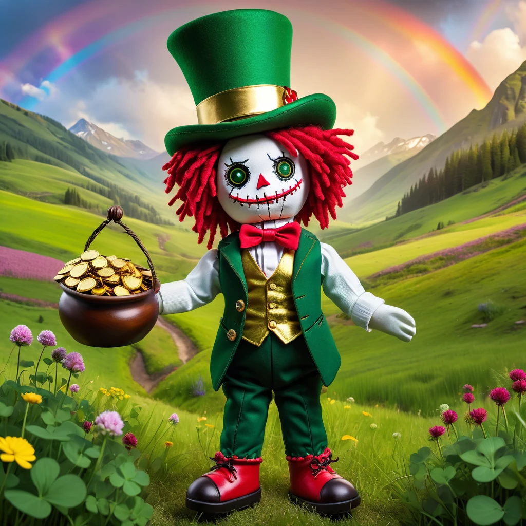 (knitted toy voodoo doll:1.8), (voodoo leprechaun:1.3), (holding a pot of gold:1.9), (wearing a green top hat with a gold buckle: 1.2), (green checkered vest:1.2), (red knee-length pants:1.4), (striped green and white socks: 1.2), (standing in a beautiful meadow filled with clover:1.4), (rainbow in the background:1.8),  best quality, masterpiece, detailed soft oil painting, detailed background, dramatic cinematic lighting, soft edge lighting, professional, dramatic lighting, hard edge lighting, ultra quality, 4k, masterpiece, best quality, 8k, ultra high definition, high resolution, extremely detailed