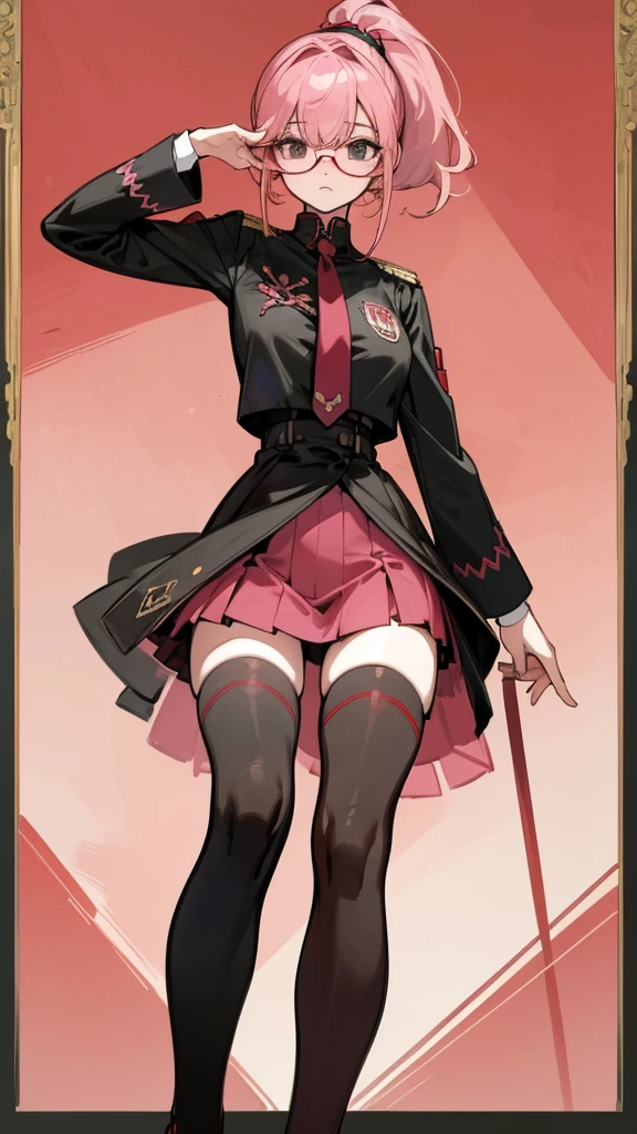 Masterpiece, top quality, highly detailed, Beautiful mature girl wearing black frame glasses, long pink hair ponytail with bangs,Black uniform with red trim, red tie and thigh-high black stockings