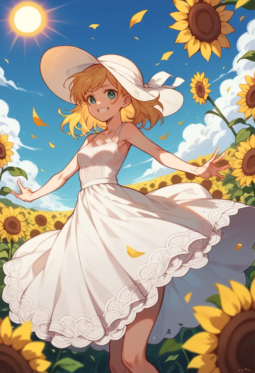 Fuwa Aihana,1 Girl,Solitary, (White lace dress:1.2),floating dress (Sun hat:1.2), Sunflower fields, in the sun, A faint smile,Looking at the audience, wind, Dynamic, Strong light and shadow,Dynamic pose,