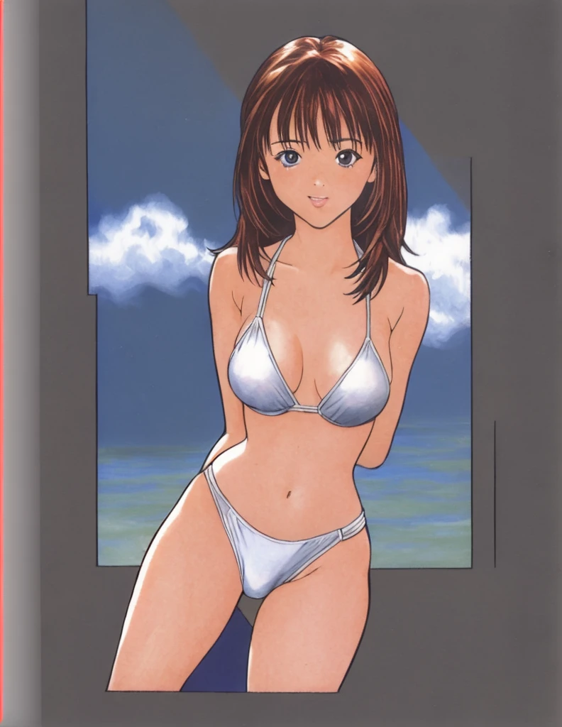 Iori is standing in a bikini with her legs spread to the sides, blushing, her mouth open, and her hands out in front of her。
