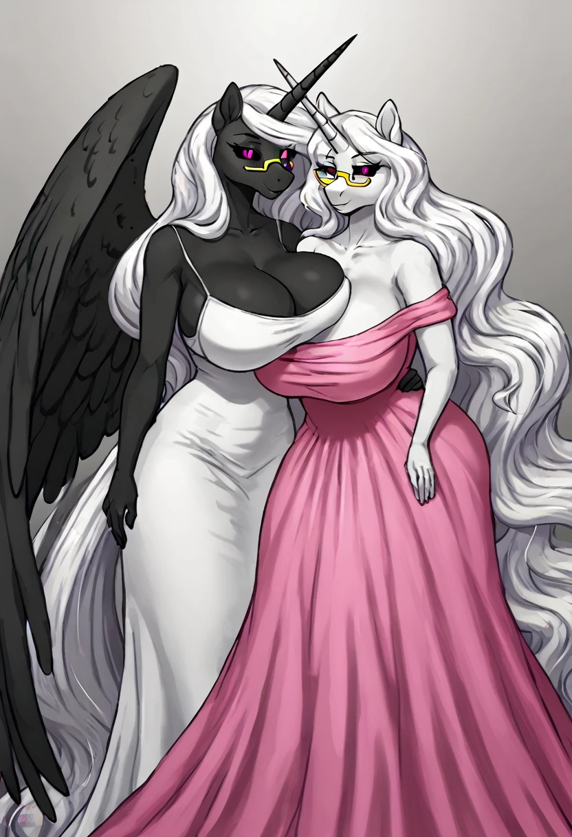 Alicorn princess, white mane,black sclera ,black body color long flowing mane pink eyes anthro huge breasts ,mother and kids wearing dress,beautiful ,yellow glasses, black stockings