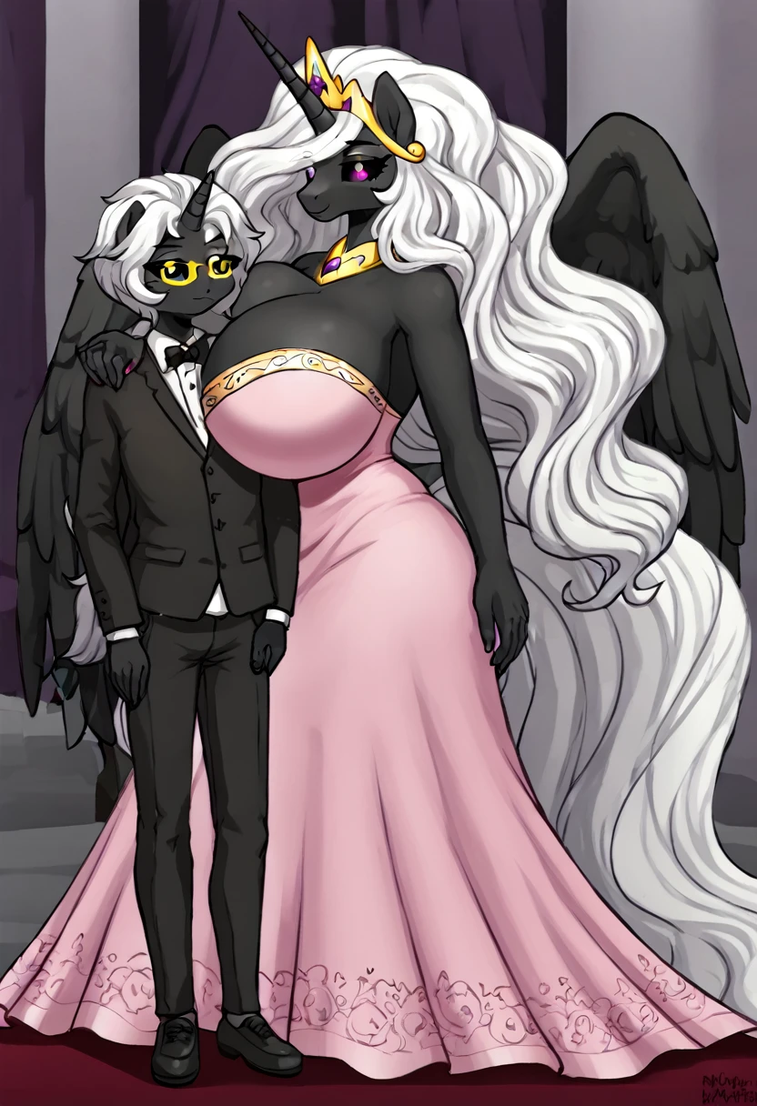 Alicorn princess, white mane,black sclera ,black body color long flowing mane pink eyes anthro huge breasts ,mother and kids wearing dress,beautiful ,yellow glasses, black stockings