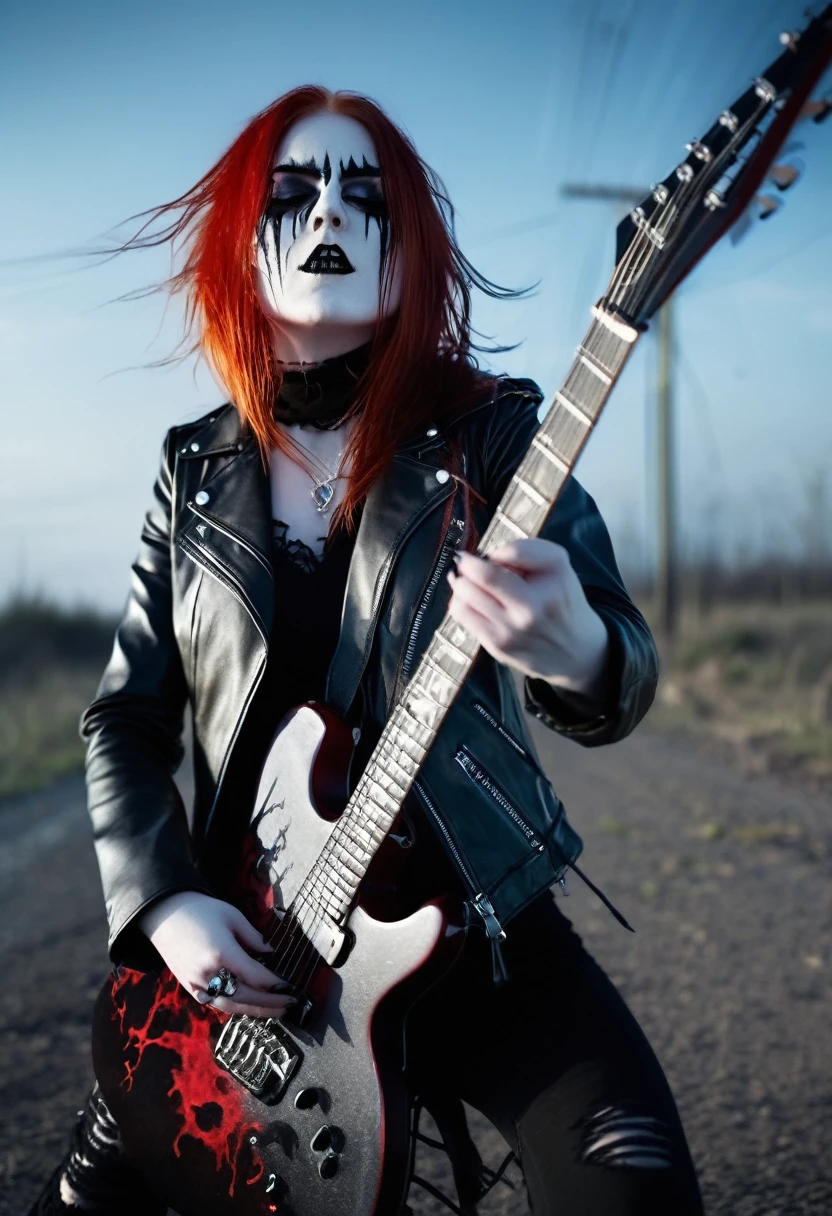 Black Metal girl, pale face, Black Metal make up, corpse paint face, red hair shoulder length, leather jacket, riding on a guitar in sky, electricity effects around her,  movement blur
