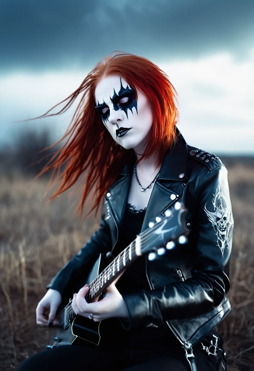 Black Metal girl, pale face, Black Metal make up, corpse paint face, red hair shoulder length, leather jacket, riding on a guitar in sky, electricity effects around her, movement blur