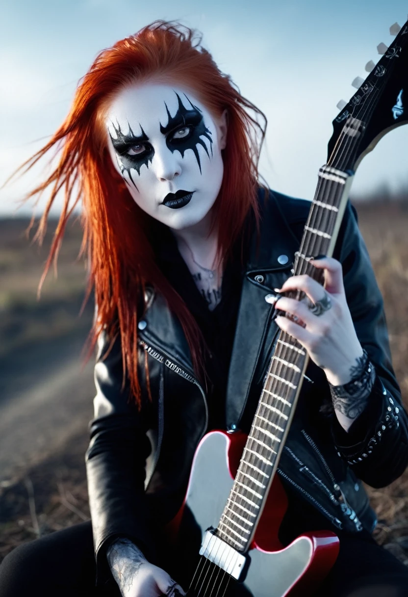Black Metal girl, pale face, Black Metal make up, corpse paint face, red hair shoulder length, leather jacket, riding on a guitar in sky, electricity effects around her, movement blur