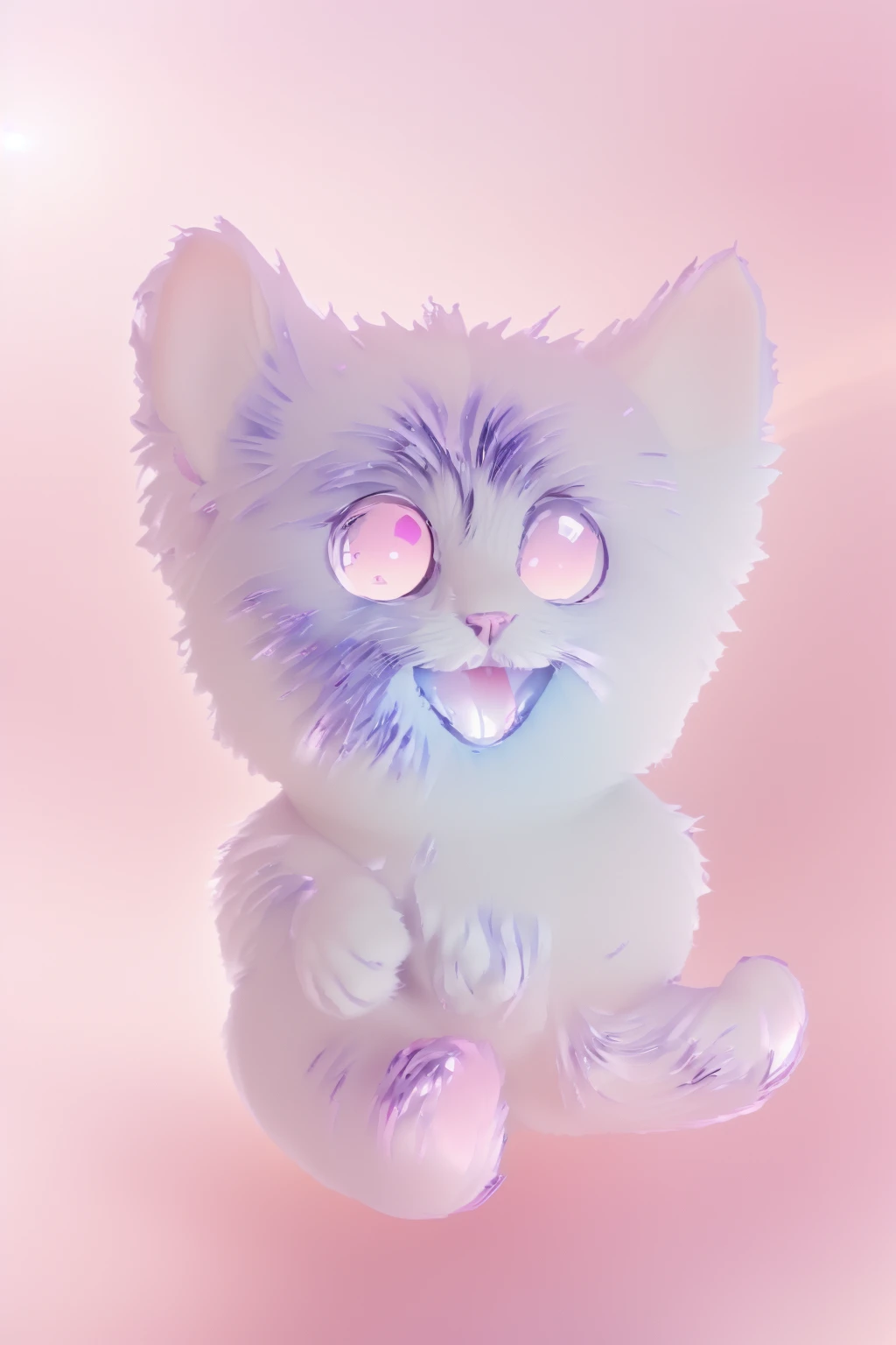 The image features asuper fluffy cute pink cartoon cat with large expressive eyes and a cheerful smile, standing against a blue background, chubby cat, fluffy cat, pink cat, shiny pink cat, super fluffy 3d pink cat with bright gradient reflections, beeple and jeremiah ketner, adorable digital painting, 3 d icon for mobile game, 3 d littlest pet shop cat, cat cat dreamcats, cat from the void, normal map, cute detailed digital art, cats cat dreamcats, cat. digital painting, cute 3 d render, multiple light sources, rim light, sharp post effects render, (fluffy fur texture with multiple big light probe refractions), perfect cgi, cgi art, smooth silhouette, high intensity refraction, (mesh material), most beautiful vfx, blue background, mesh refractions. It in 4k resolution, allowing viewers to immerse themselves in the richness of the colors and intricate details. The realistic rendering. under the spotlight, reflecting, high-resolution image, realistic rendering, dark background, and rim light photorealistic, The background is black