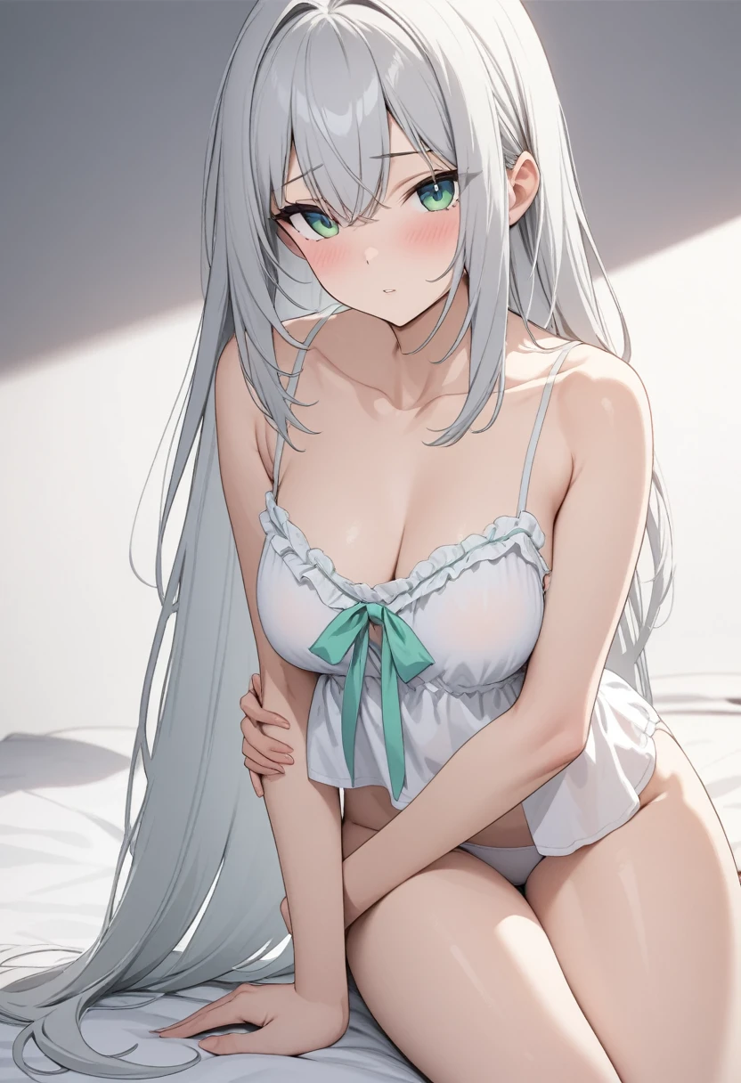 ((masterpiece)), (Highest quality), (Simple style),Silver hair, straight long hair, jade eyes, naked, panties(ribbon) camisole(Frills)