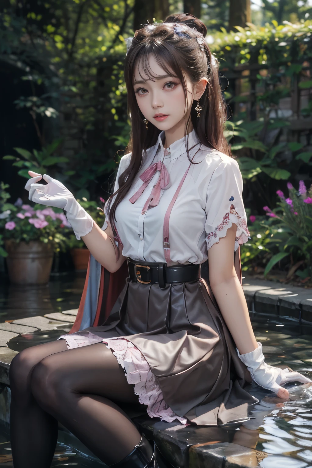 water，wet，masterpiece,best quality,high resolution,Extremely detailed,Elena,have,Long hair,curls,Pink Eyes,earrings,cape,dress,Short sleeve,Gloves,belt,skirt,Black pantyhose,boots,Wind lift,blush,(Make it embarrassing:1.2),outdoor,garden,