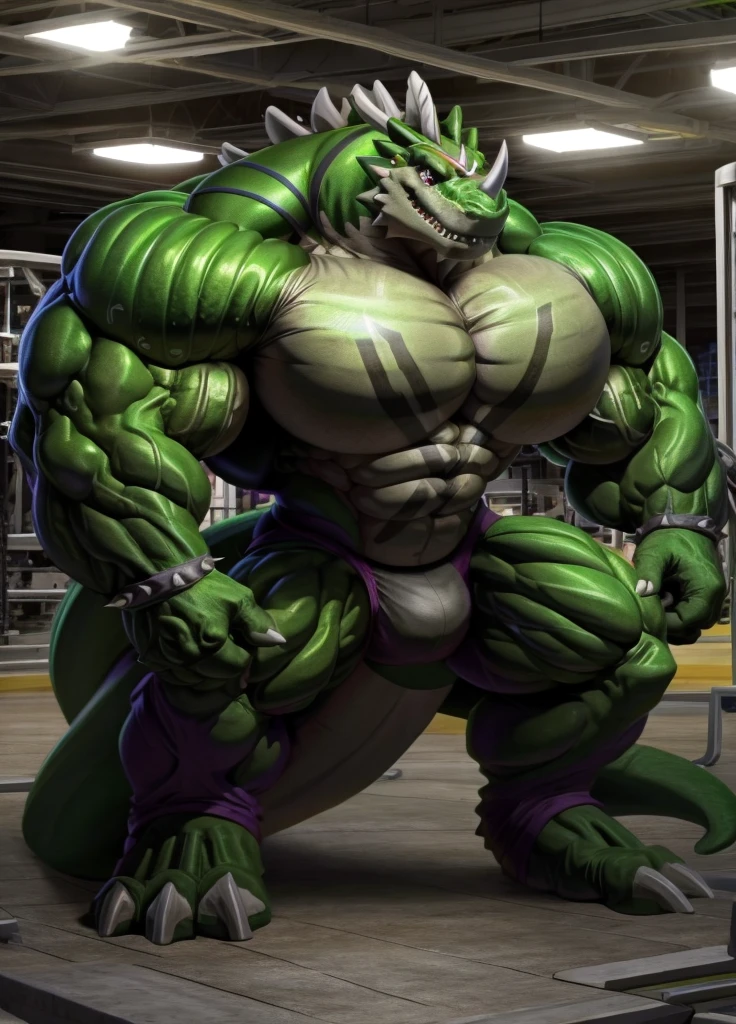 dinosaur,stegz,green skin,scalie,male,muscular,huge muscles,pecs,abs,nostrils,hyper muscles,huge pecs,muscle growth,hyper muscle growth,scaly,spikes