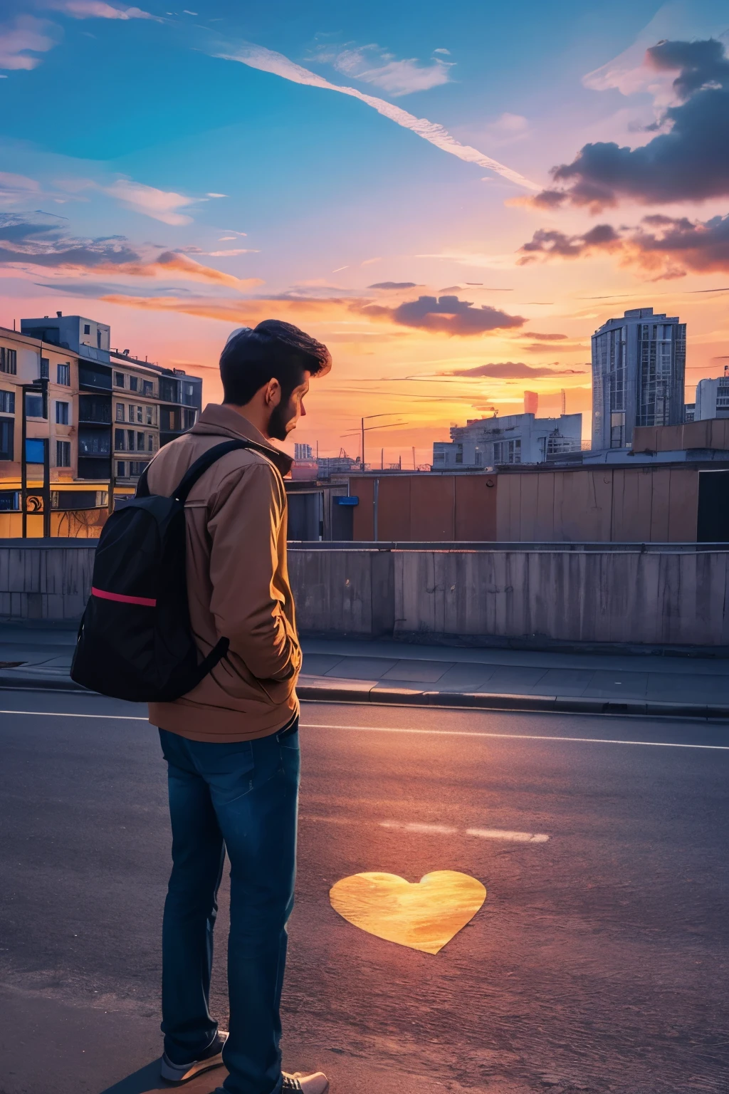 A heart broken man near street, remembering his beautiful times with his lover, morning time with colorful sky, Illustration