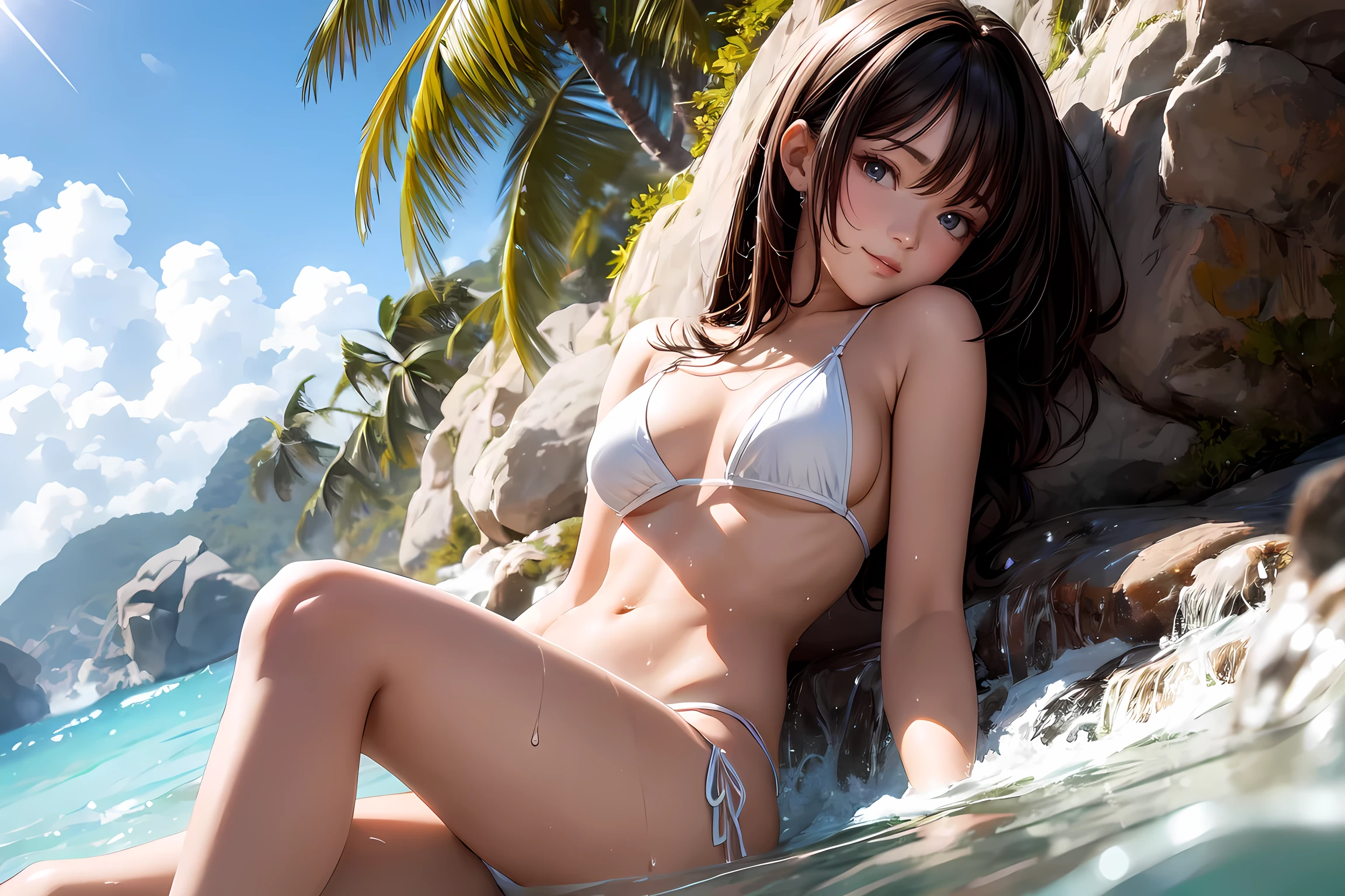 (ultra detailed eyes), (ultra detailed face), high quality, best image quality, masterpiece, age girl, 18 years old, very cute and beautiful girl, (((Wearing a strings white bikini)), Swathed in the soft light of the afternoon sun, (soak in water, wet:1.2), (Sitting,indian style:1.2), (Beach), medium black hair, medium breasts, (smile:1.2), Natural lighting, Hair fluttering in the wind, ((Finest quality)), ultra high resolution, ultra-detailliert, Meticulous portrayal, ((Best Anime)),