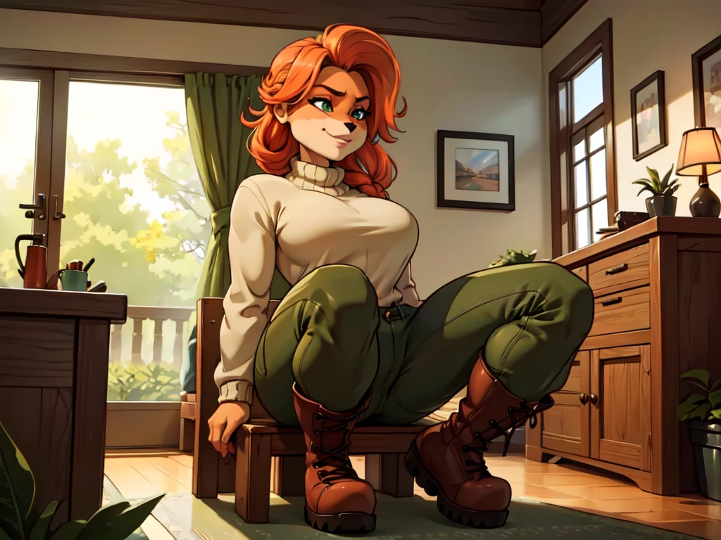 (best quality,4k,8k,highres,masterpiece:1.2),ultra-detailed,realistic:1.37,portrait,anthro bandicoot girl redhead, braided hair, beautiful green eyes, relaxing moment, sexy ,seductive, warm sweater, camouflage pants, army boots, smirking, cozy lighting, vibrant colors , girl anthro , sweater, camouflage pants, army boots, hands to boots