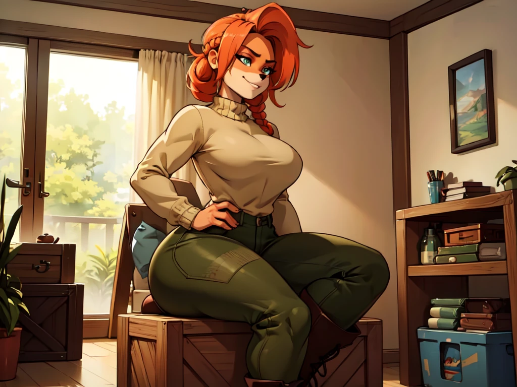 (best quality,4k,8k,highres,masterpiece:1.2),ultra-detailed,realistic:1.37,portrait,anthro bandicoot girl redhead, braided hair, beautiful green eyes, relaxing moment, sexy ,seductive, warm sweater, camouflage pants, army boots, smirking, cozy lighting, vibrant colors , girl anthro , sweater, camouflage pants, army boots, hands to boots