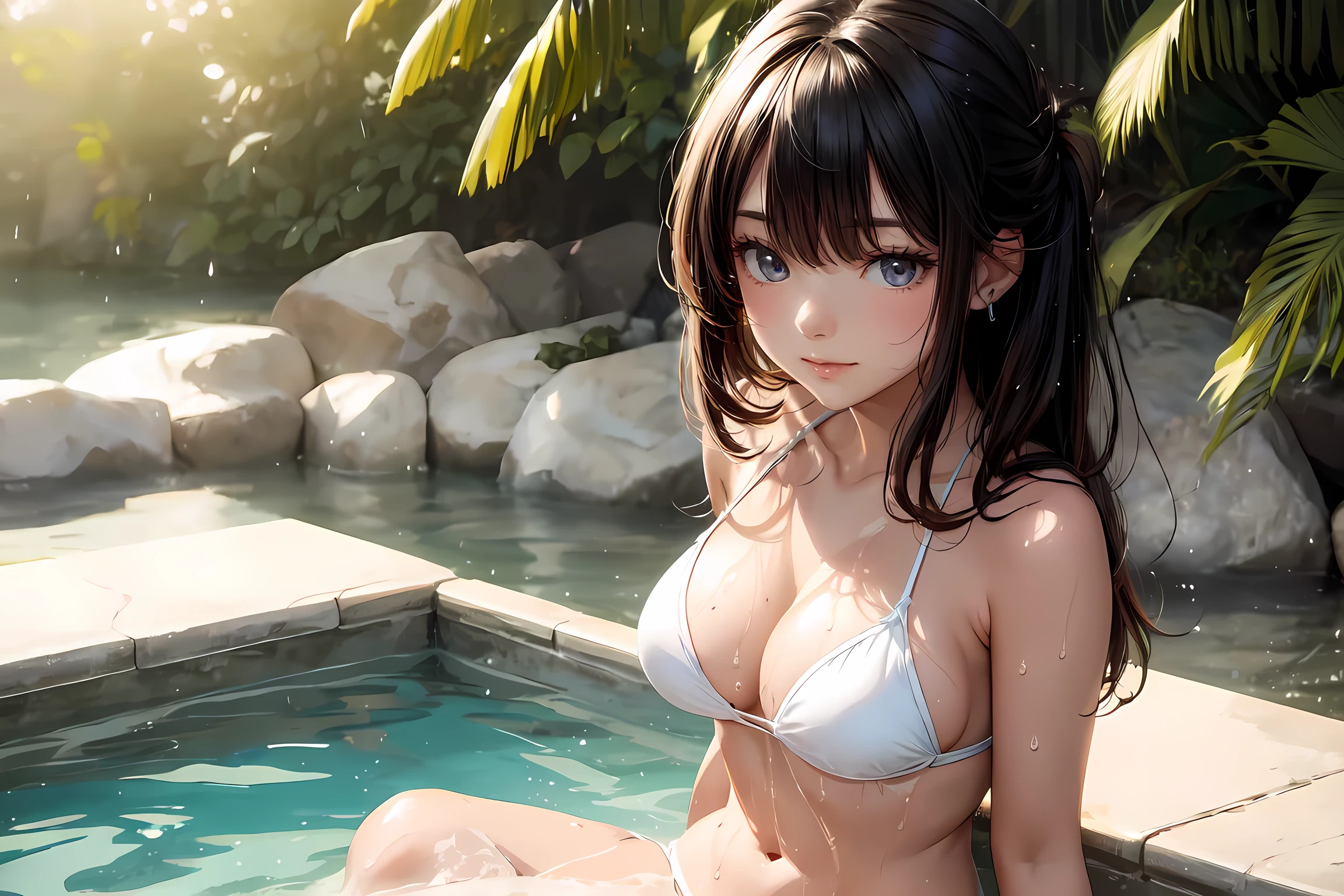 (ultra detailed eyes), (ultra detailed face), high quality, best image quality, masterpiece, age girl, 18 years old, very cute and beautiful girl, (((Wearing a strings white bikini)), Swathed in the soft light of the afternoon sun, (soak in water, wet:1.2), (Sitting,indian style:1.2), (Beach), medium black hair, medium breasts, (smile:1.2), Natural lighting, Hair fluttering in the wind, ((Finest quality)), ultra high resolution, ultra-detailliert, Meticulous portrayal, ((Best Anime)),