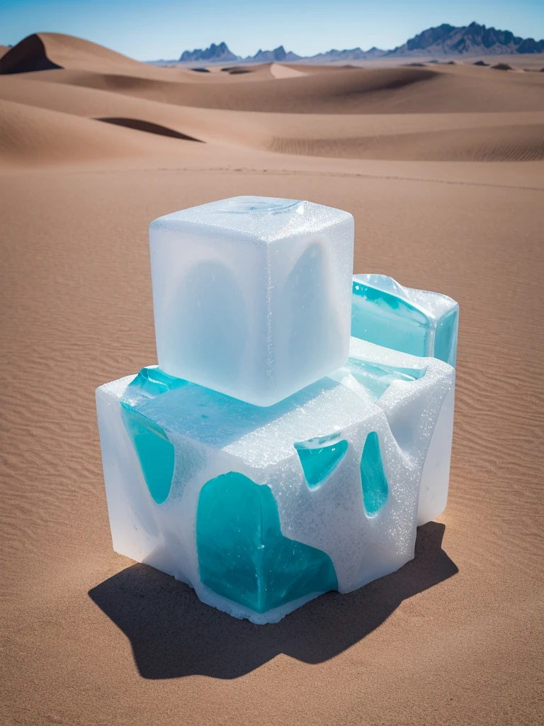 остров in a desert форме сердца, ice blocks around, desert, Beautiful, realistically, in a desert, professional photo, 32k, A high resolution, high detail, 1/350s, f/2.9, ISO 200
