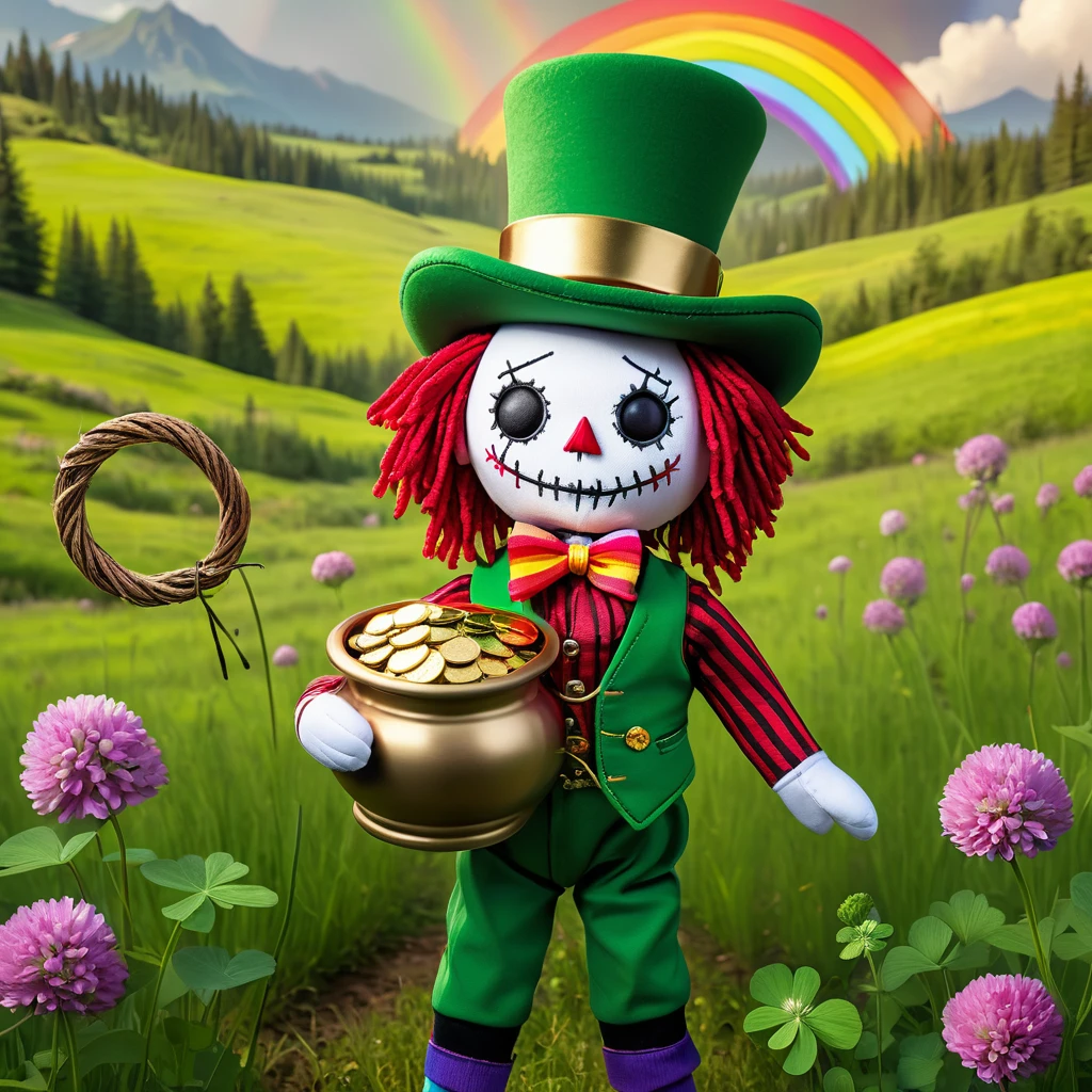 (knitted toy voodoo doll:1.8), (voodoo leprechaun:1.3), (holding a pot of gold:1.9), (wearing a green top hat with a gold buckle: 1.2), (green checkered vest:1.2), (red knee-length pants:1.4), (striped green and white socks: 1.2), (standing in a beautiful meadow filled with clover:1.4), (rainbow in the background:1.8),  best quality, masterpiece, detailed soft oil painting, detailed background, dramatic cinematic lighting, soft edge lighting, professional, dramatic lighting, hard edge lighting, ultra quality, 4k, masterpiece, best quality, 8k, ultra high definition, high resolution, extremely detailed