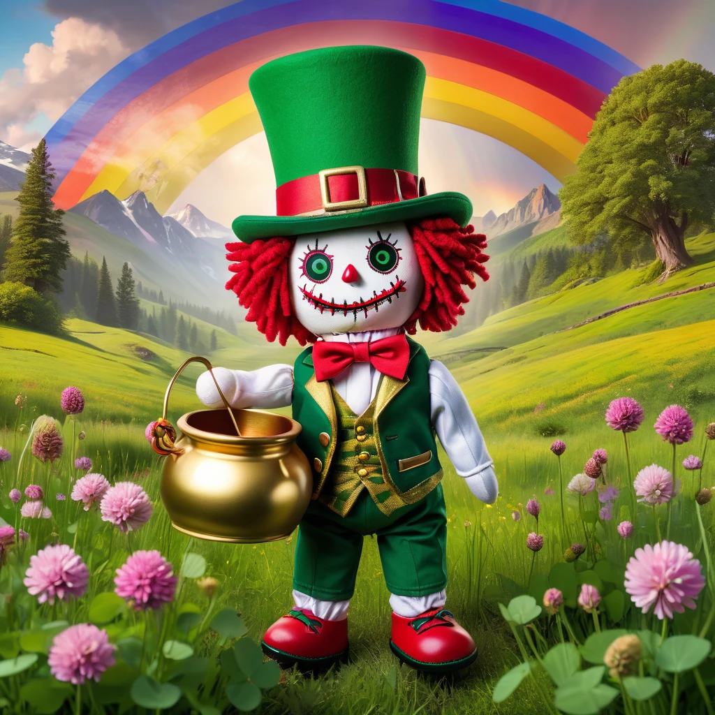 (knitted toy voodoo doll:1.8), (voodoo leprechaun:1.3), (holding a pot of gold:1.9), (wearing a green top hat with a gold buckle: 1.2), (green checkered vest:1.2), (red knee-length pants:1.4), (striped green and white socks: 1.2), (standing in a beautiful meadow filled with clover:1.4), (rainbow in the background:1.8), best quality, masterpiece, detailed soft oil painting, detailed background, dramatic cinematic lighting, soft edge lighting, professional, dramatic lighting, hard edge lighting, ultra quality, 4k, masterpiece, best quality, 8k, ultra high definition, high resolution, extremely detailed