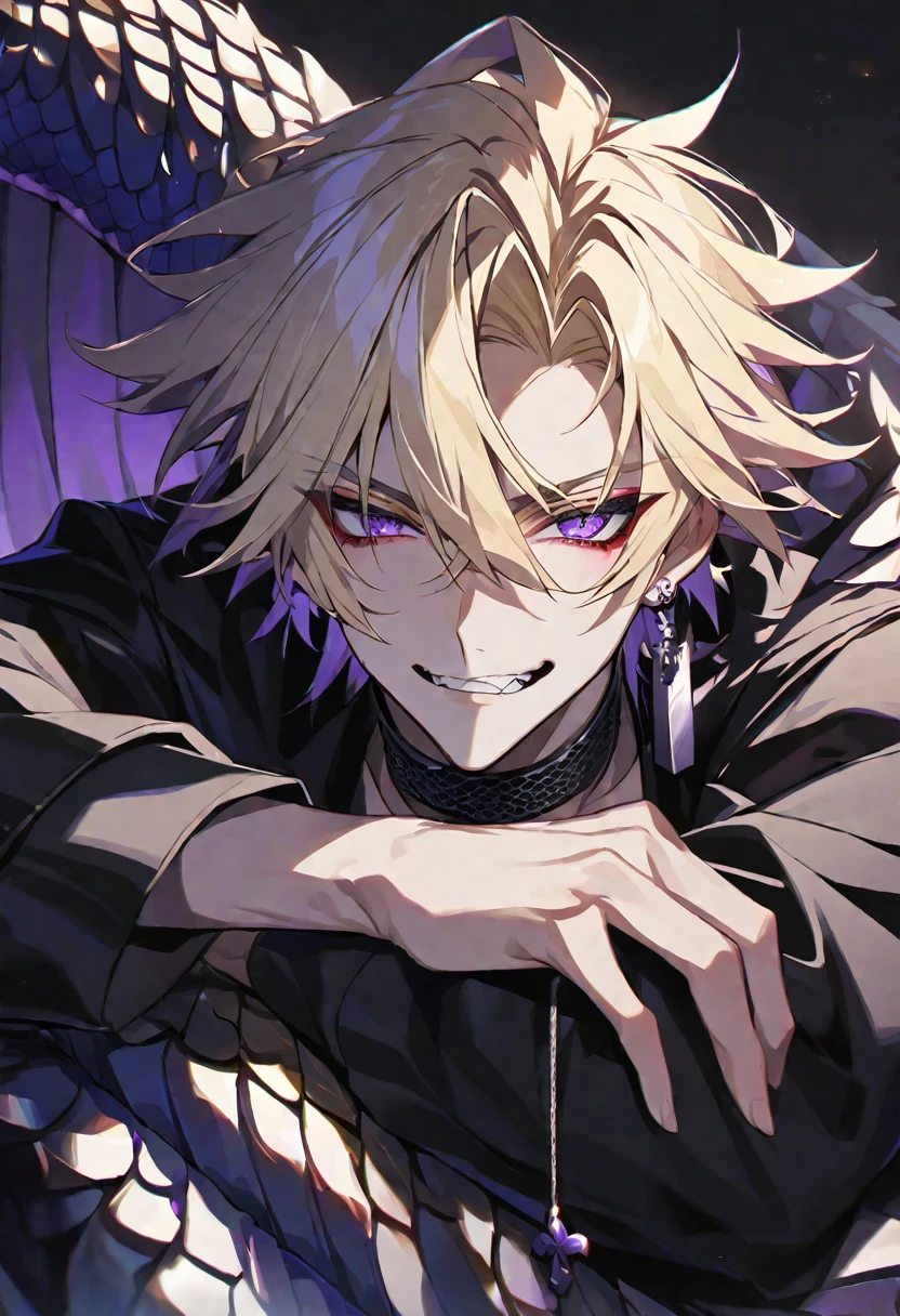 solo, handsome,
1. male,
hair between eyes,Straight Hair,short Hair,
blonde hair,
Gojo Satoru,
purple Eyes,Soft look,beautiful,Sexy,Darkness,Lots of silver earrings,choker,龍skin,
Dragon Scale,,Jagged teeth,Cheek resting on hand,
Black long sleeve,Black Outerwear,Cross Necklace,
black background,