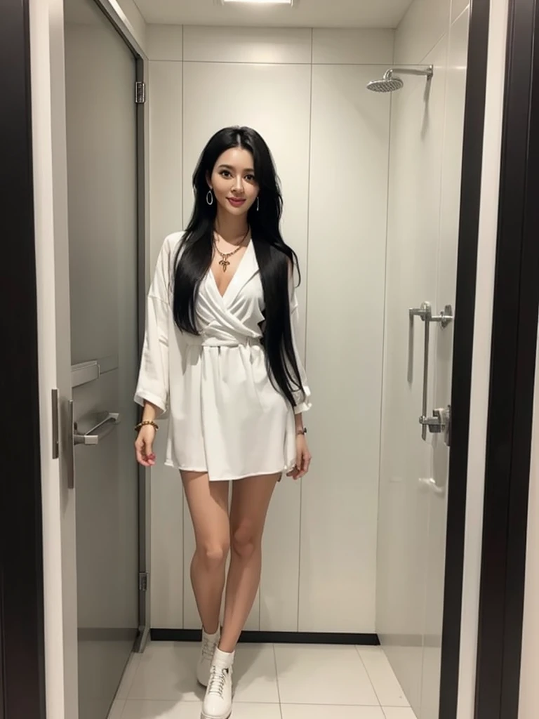 Standing in the bathroom, Excited, necklace, Earrings, whole body, Long black hair, White clothes, Neat and Clean Fashion, That's excellent, Ultra-high resolution, RAW Photos, realism: 1.25), (bright lip gloss, Long eyelashes, Smooth face , Light Skin, Natural Shadows, Wide Light, Wide Light, Depth of written boundary, Strong colors, Subtle corrosion: 0.8), smile, (Big Breasts), v6