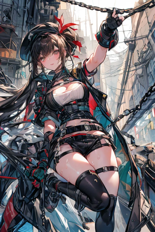 ubel,dark green hair,long hair,side ponytail,hair between eyes,bangs, BREAK (beret, black jacket, open clothes, cleavage, midriff, black shorts, black thighhighs, thigh strap, fingerless gloves, single glove:1.2), Photo,sharpness, F1.6 lens,hyper-realistic textures,spectacular light textures, Cinestil 800 Fashion Mechanics,(((Beautiful woman with left leg restrained and hung by chains))),Appearance,Beautiful girl with accentuated slender abs: 1.1,six-pack abs: 1.1, Bust Botox,Standing on tiptoe, long legs,Long brown hair fluttering in the wind,Brown hair, Long hair, Female Warrior Costume,(No panties,No bra),(tacticul battle fashion,elbow and knee tacticul battle fashion, battle glove: 1.1),((cute batre costume)),The belly comes out and the navel is visible,Thin sheer costume, combat gloves,shredded costumes,cyber long combat boots with golden knee pads,Anatomical,(futuristic sci-fi battle fashion, new elbow and knee cyberpads, new cyberlong boots, new cybergloves: 1.1),(tied perfectly by iron chain), Restraint, Slave, collars, contempt, (Chained), 4 chains hung from heaven, Metallic shackles and fetters, wet crotch clearly visible,((Hands are restrained above the head)), the neck is chained,Chain from left knee to heaven,Chained by rusty iron chains,((the tip is protruding, areolas protruding,The shape of the pubic area is clearly visible:1.2)),Sweating,Wet,Wet crotch,Wet thighs,Junkyard, Realistic, (cute, perfect clothes, skimpy clothes, cute: 1.3) ,Vast miritary base in us,((wide mirtary hospital with summer sunlight)), peeling ceilings, Rebar between, Realistic material details, Extreme details, Ultra-realistic materials,narrow waist,(with sparkling eyes and a contagious smile:0.9),looking at viewer,
