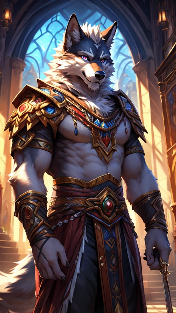 4k, ,8K, high resolution, best quality, Perfect color, Perfect shadow, Perfect lighting, Posted on e621 (Chunie Art Style), there is a man of a Wolf dressed in costumes and holding a arms, arms, Furry Art!!!, pov Furry Art, Detailed fan art, Official Fanart, high quality fanart, World of Warcraft Fanart, fursona Furry Art commission, very very beautiful Furry Art, Furry Paws POV Art, Furry Fantasy Art, Furry Art, Furry anime, high resolution佣金, fursona art, Anime Characters, Epic anime style, Anime Wallpaper, Detailed key animation art, Strong, Full body portrait, panoramic, (Realistic eye details: 1:2), High Detail, high quality, The award-winning, HD, 16K, (best quality,4k,8K,high resolution,masterpiece:1.2),Extremely detailed,Practical:1.37,HDR,UHD,Studio Lighting,Extremely detailed的描述,professional,Bright colors,Bokeh,Active atmosphere, Natural Lighting,White hair,Werewolf