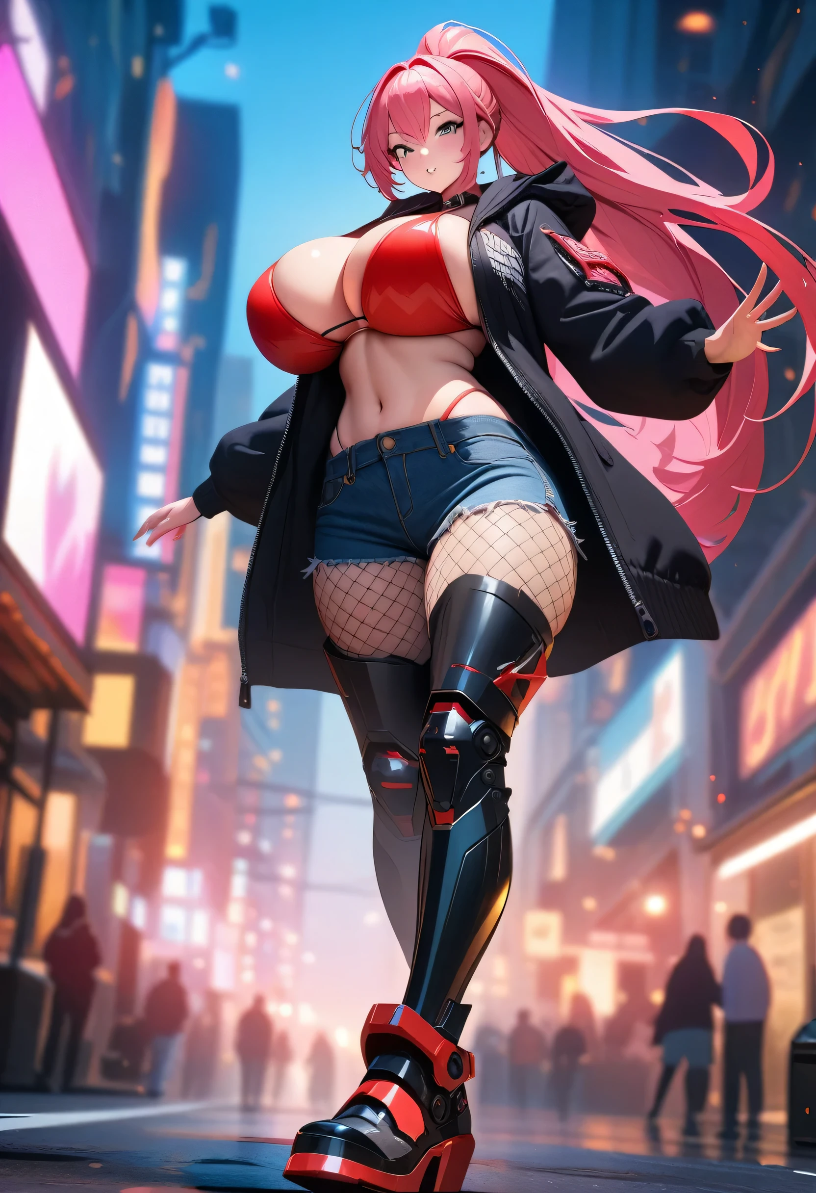 8k,UHD,Top-quality,Ultra high definition 8K illustration wallpaper,Super high resolution,Masterpiece,Intricately detailed,Blurry background,Depth of field,Tonemapping,Sharp focus,Trending on Artstation,Looking at viewer,Dynamic angle,Full body,Musician,Guitarist,Cool girl,1girl,Solo,Gigantic breasts,Guitar,Pink glowing red hair,Very long ponytail,Stinking eyes,Black eyes,Sharp eyes,Black leather hooded jacket,Denim shorts,Black thighhighs,Fishnet tights,Open clothes,Vivid red bikini,Mechanical Boots,Outdoors,City