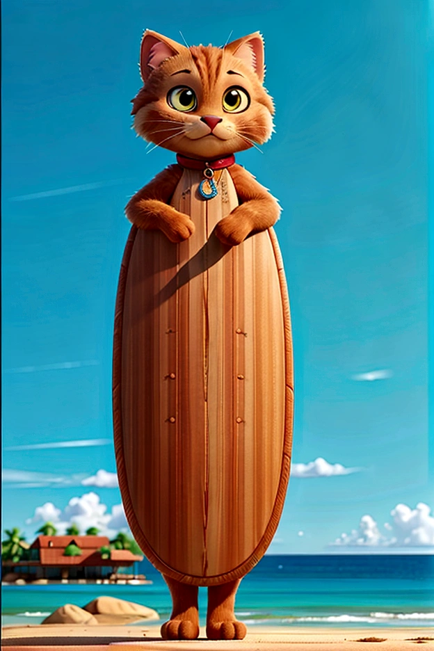 (full body shot:1.5) A brown cat surfing on a surfboard on the waves, in the ocean near the beach