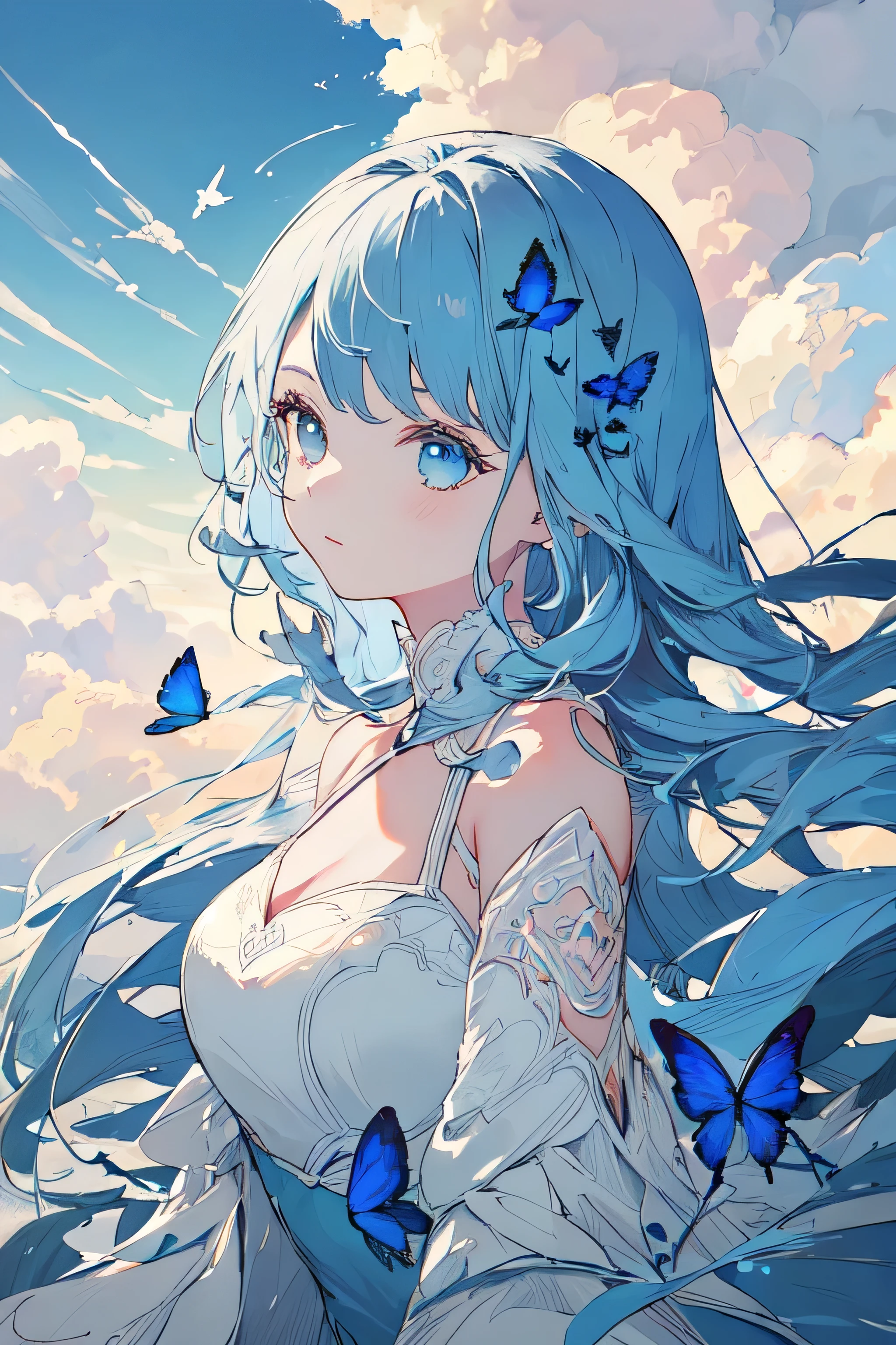 The Art of Cornflowers, Dreamy, (best quality, masterpiece, high resolution, light, Volumetric Lighting, Contour darkening, (Backlight), contour, Highly detailed 8k wallpaper, 1 Girl, Chiffon Dress, Very delicate and beautiful, Beautiful details for the eyes to appreciate, White_hair, [[long_hair]], Moderate_breast, (cumulus: 1.35), (Beautiful cloud of details), Blue Butterfly,Upper Body)