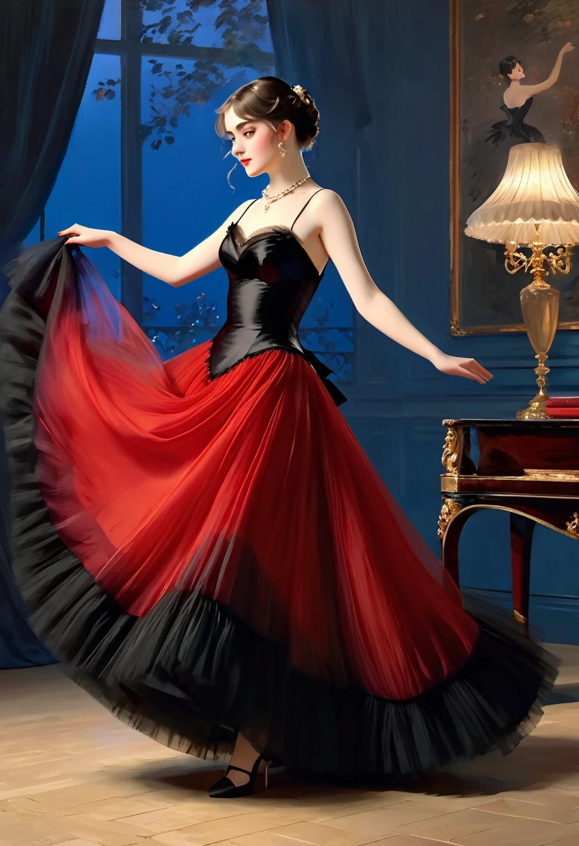 ((full body, an attractive girl with an beautyful eyes)) , red-black satinand tule  Evening Dress, dancing  time, 
((Edouard Manet style)),((painting)), two-color lighting, Scuff gradient, Complex details, intricate, aesthetics, ((best quality, Masterpiece)),
((Highest detail)), Octane render, hd, f/2.8, 8K