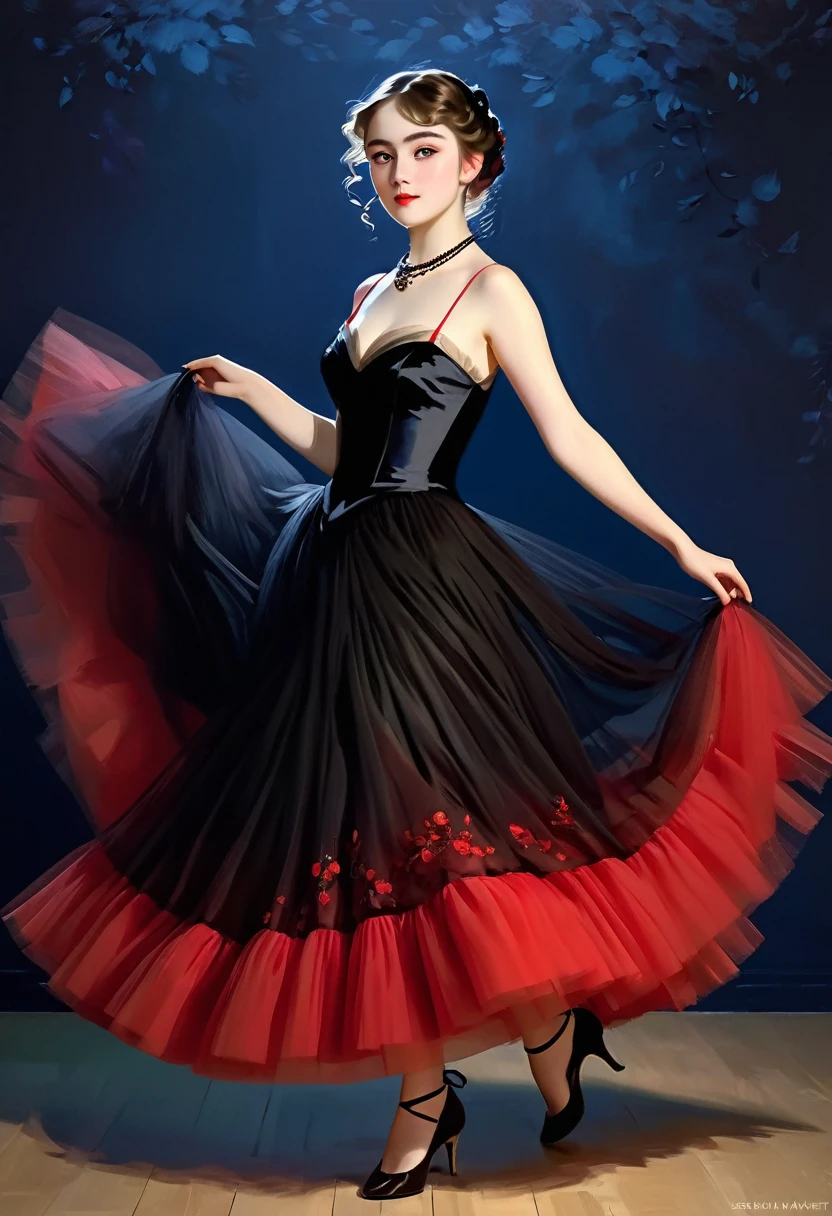 ((full body, an attractive girl with an beautyful eyes)) , red-black satinand tule Evening Dress, dancing time,
((Edouard Manet style)),((painting)), two-color lighting, Scuff gradient, Complex details, intricate, aesthetics, ((best quality, Masterpiece)),
((Highest detail)), Octane render, hd, f/2.8, 8K