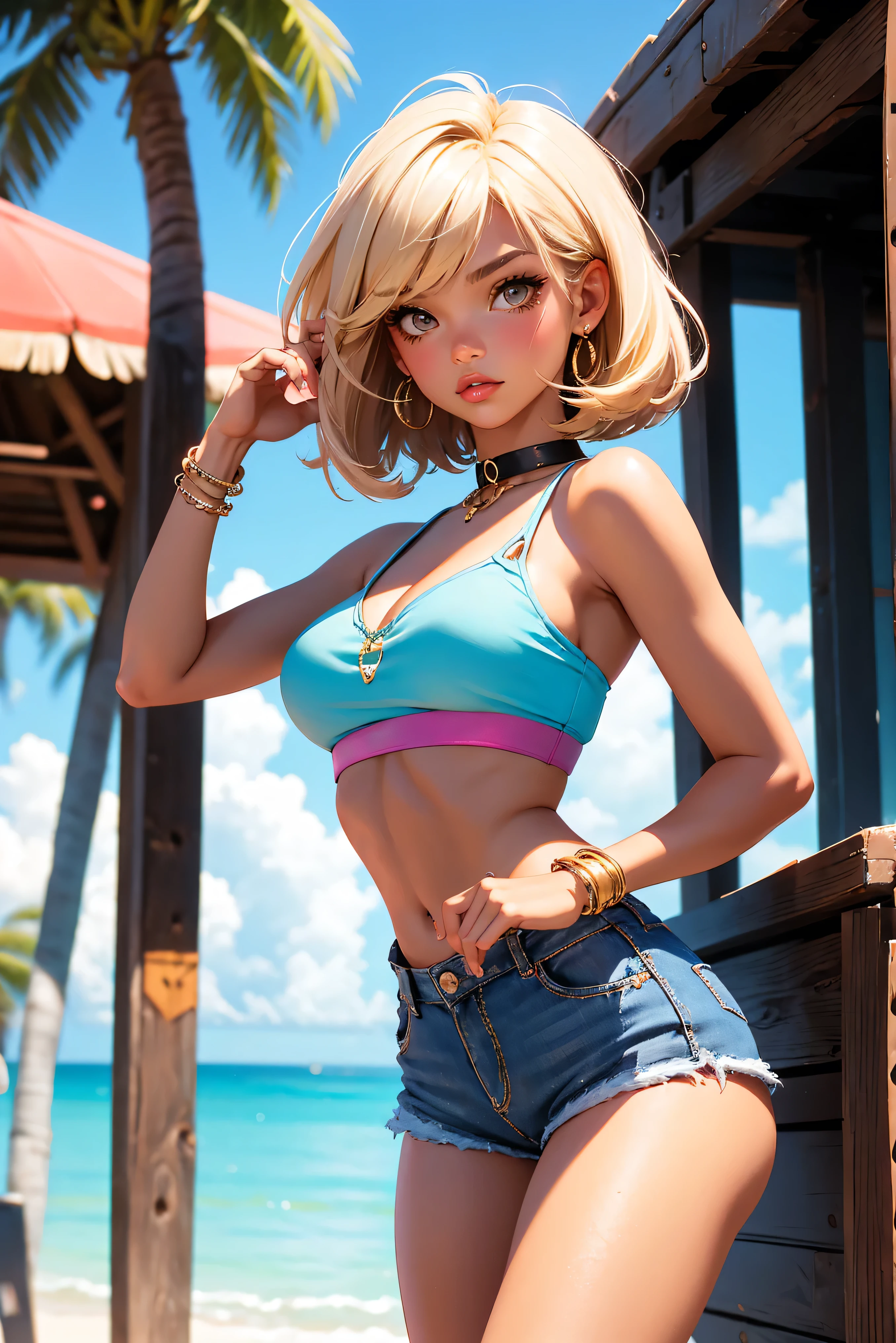 Teenage girl-model 18 years old, beautiful, tanned, blonde, bob hair, bangs, brown eyes, beautiful figure, girl wearing crop shirt and too short mini shorts, beautiful long legs, slave bracelets, slave choker, manicure, cute makeup, flirtatiously posing, hot summer, hot flirty, sexy posing, summer outfit, top quality, higest quality, pin-up style, retro 80s style, Daisy Dukes style, slave girl, Miami vibes