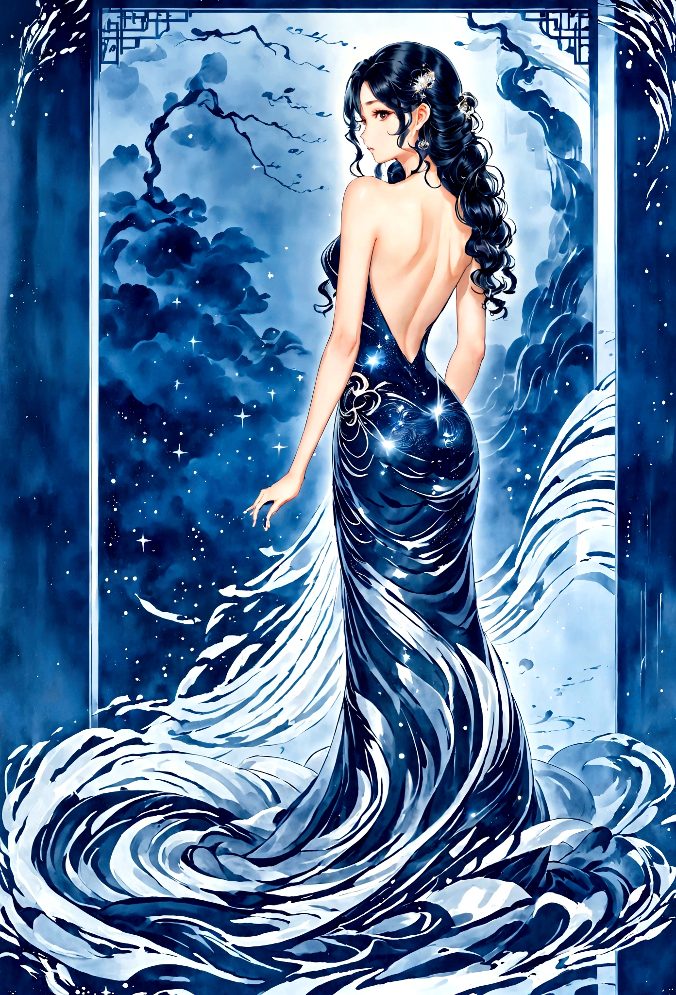 (masterpiece, best quality:1.2),Wavy hair secretary，solitary,Exquisite eyes,Fine black hair，( Smooth skin:1.2)( Wear a gorgeous and sparkling evening gown:1.2)， Slender body proportions，Back，Gorgeous room