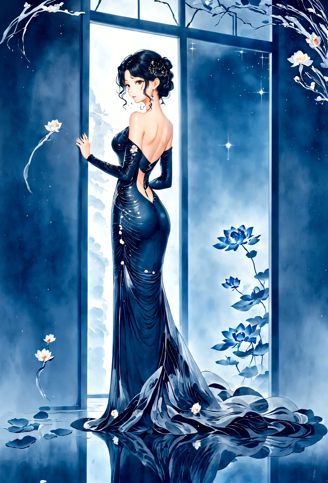 (masterpiece, best quality:1.2),Wavy hair secretary，solitary,Exquisite eyes,Fine black hair，( Smooth skin:1.2)( Wear a gorgeous and sparkling evening gown:1.2)， Slender body proportions，Back，Gorgeous room